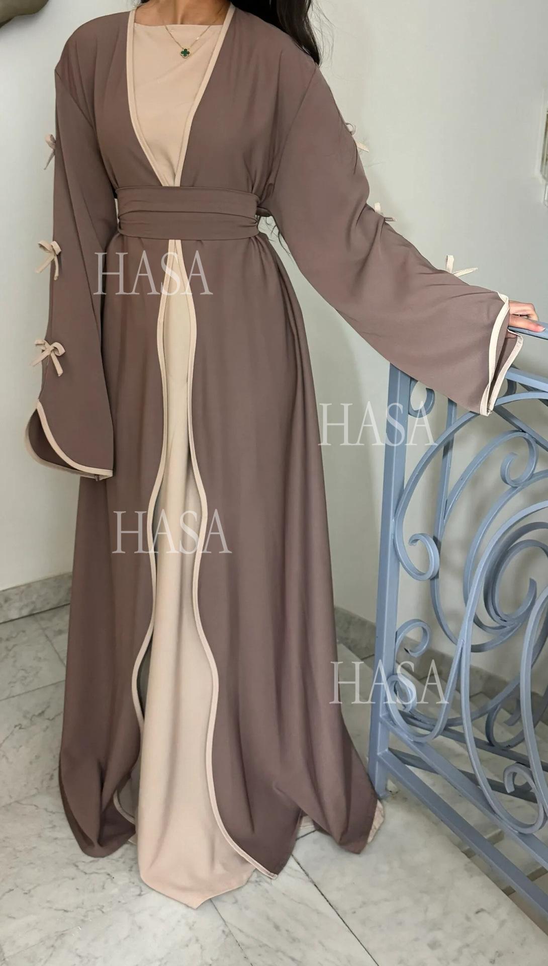 HS5883  A Two-piece Robe and Skirt Set with A Soft Bow and A Belt Design open abaya outfit