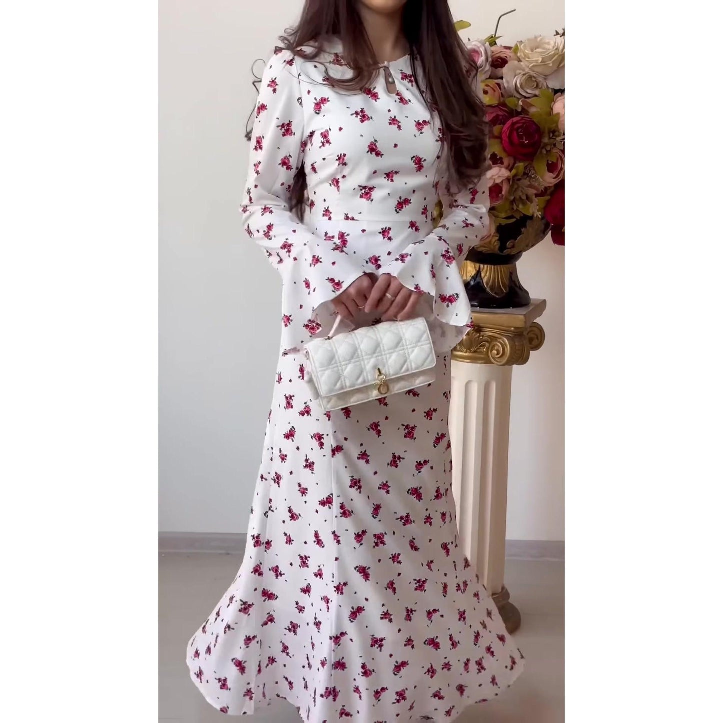 HS6744 Chic White Floral Long Dress Flare Sleeve Maxi Dress