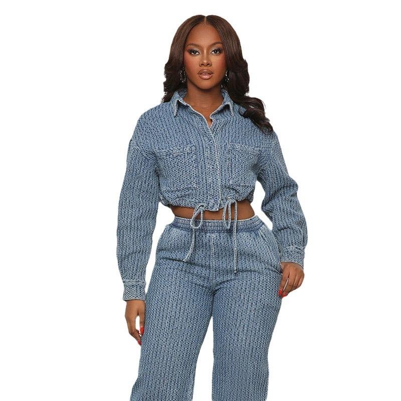 HS6303 Fashion, Long Sleeve Pants, Denim Women's Two-piece Set