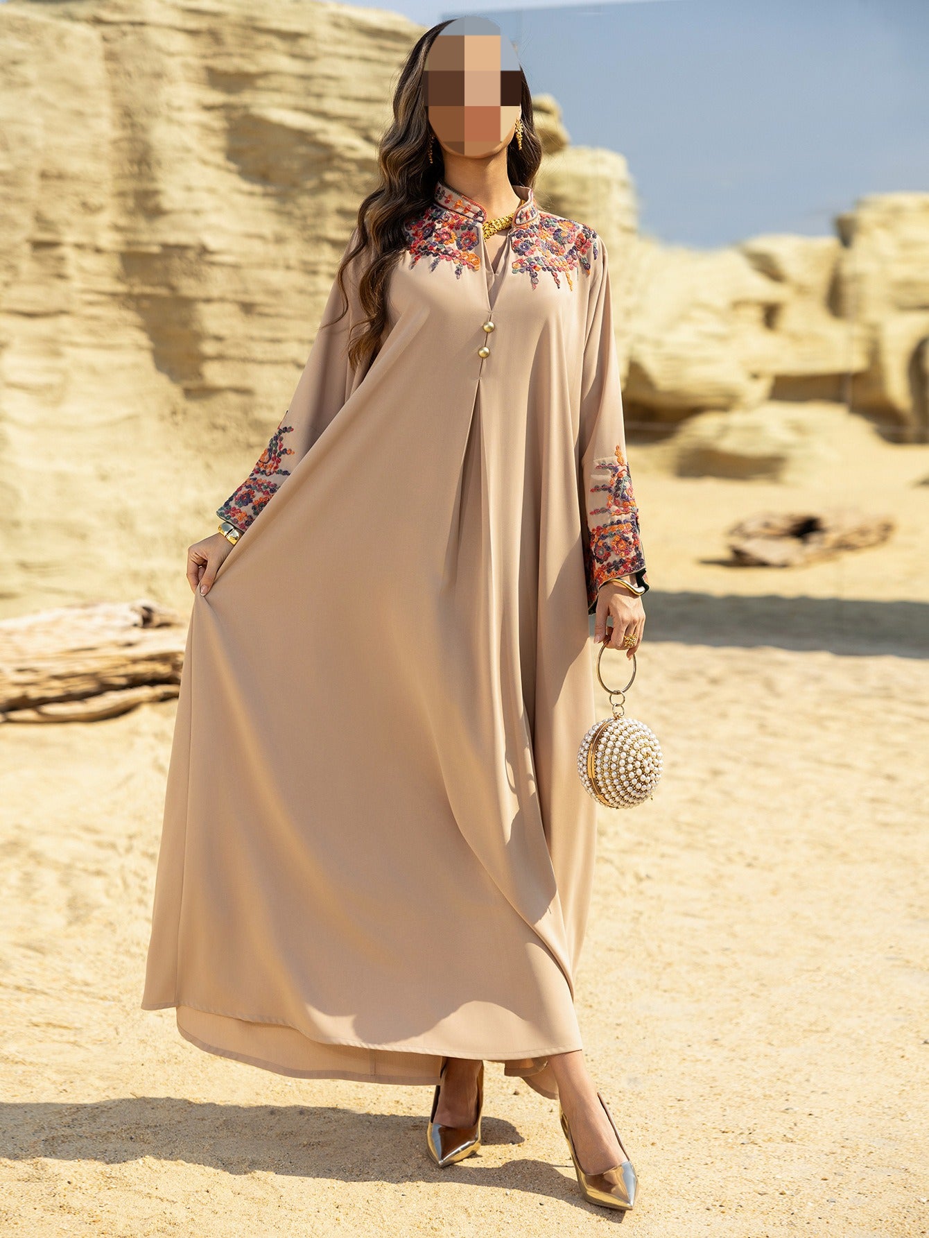HS6655 Embroidered loose-fitting long dress | Soft drape and delicate cuff design