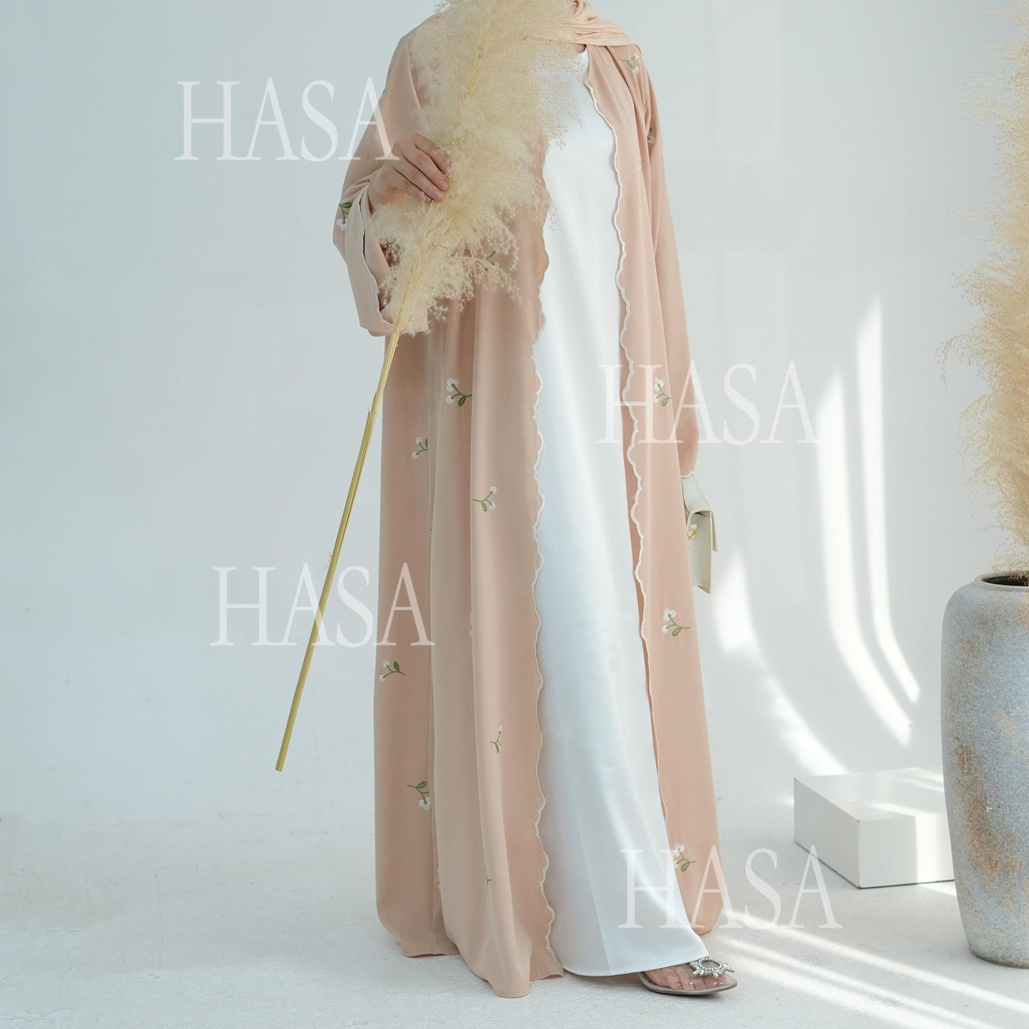 HS6472 Longline Cardigan with Delicate Floral Details and Curved Edging