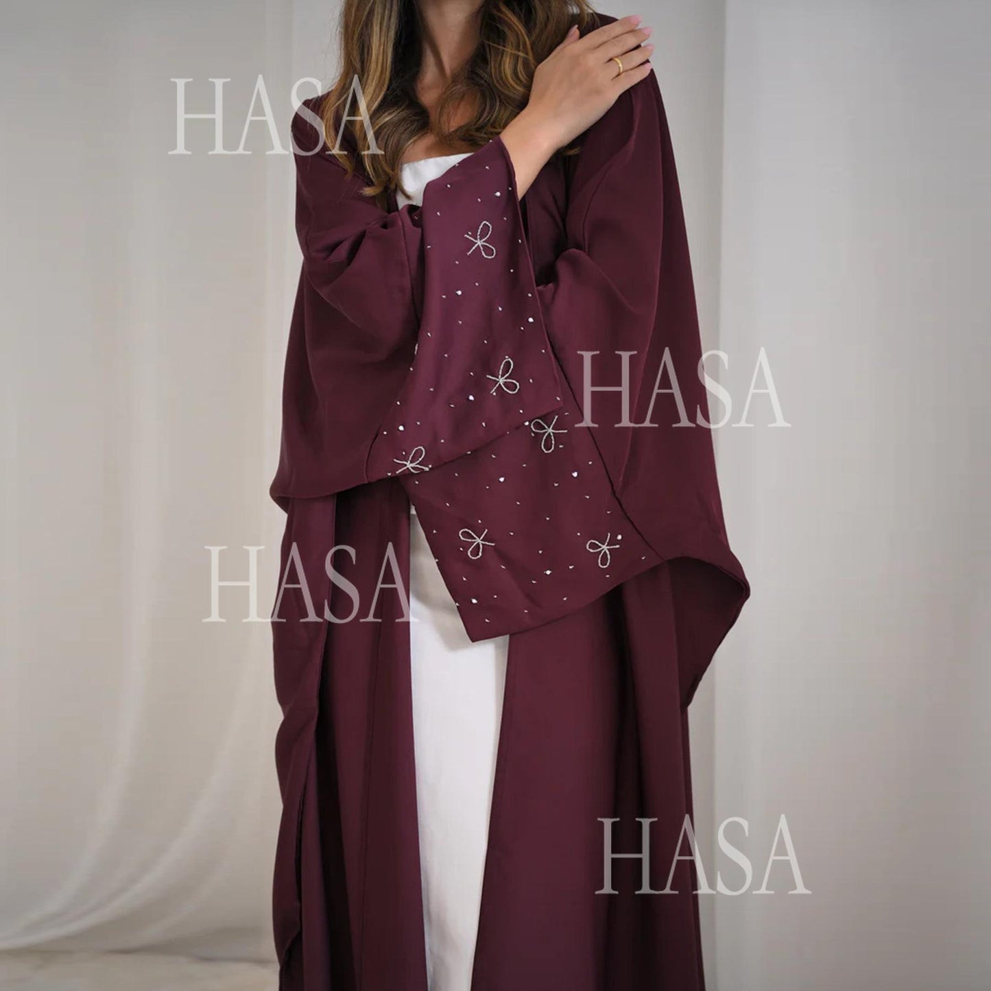 HS6492  Long-sleeved Robe with Bow and Beading