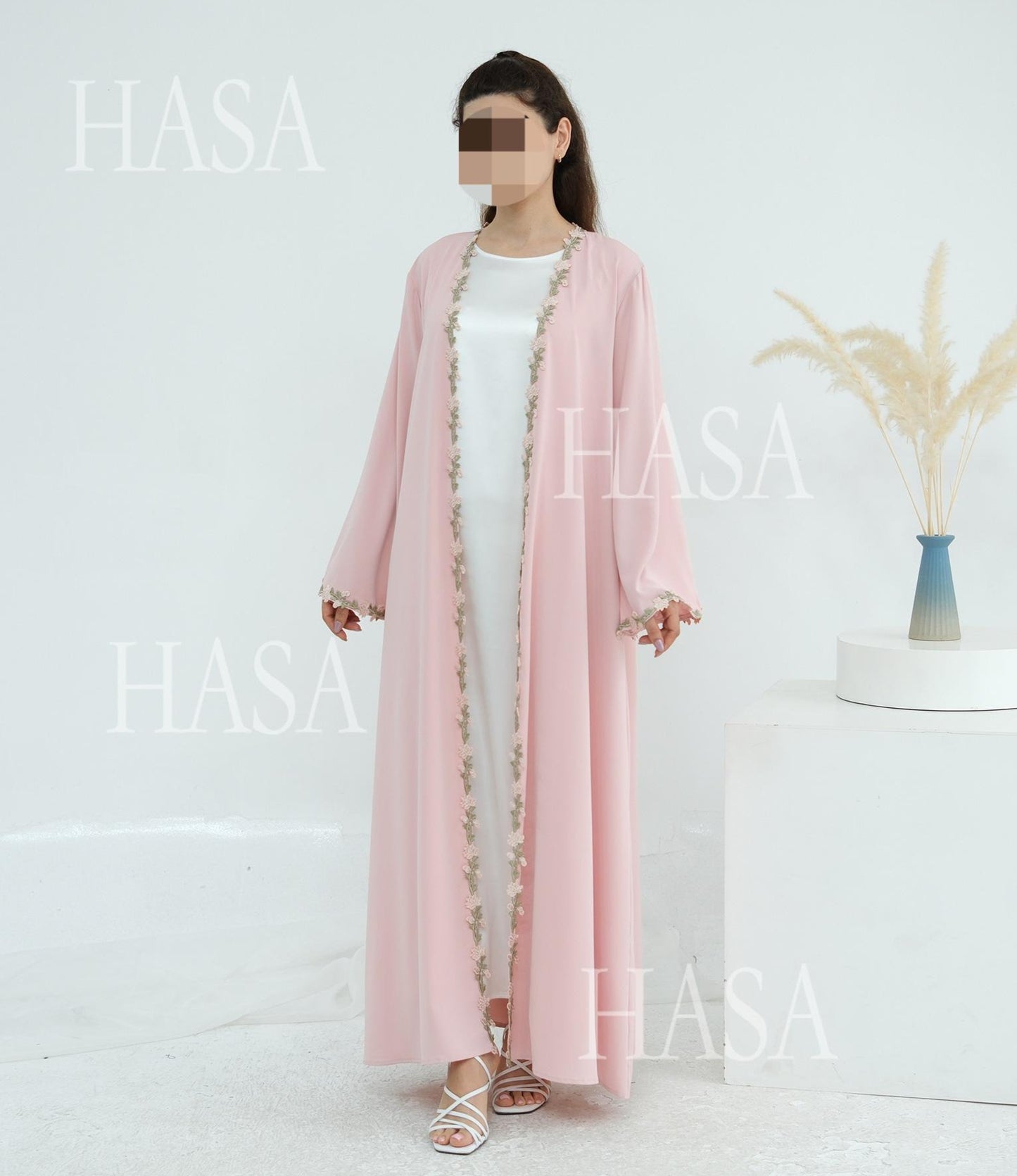 HS6618 Pink Flower Stitching Cardigan Two-Piece Set (Including Headscarf)