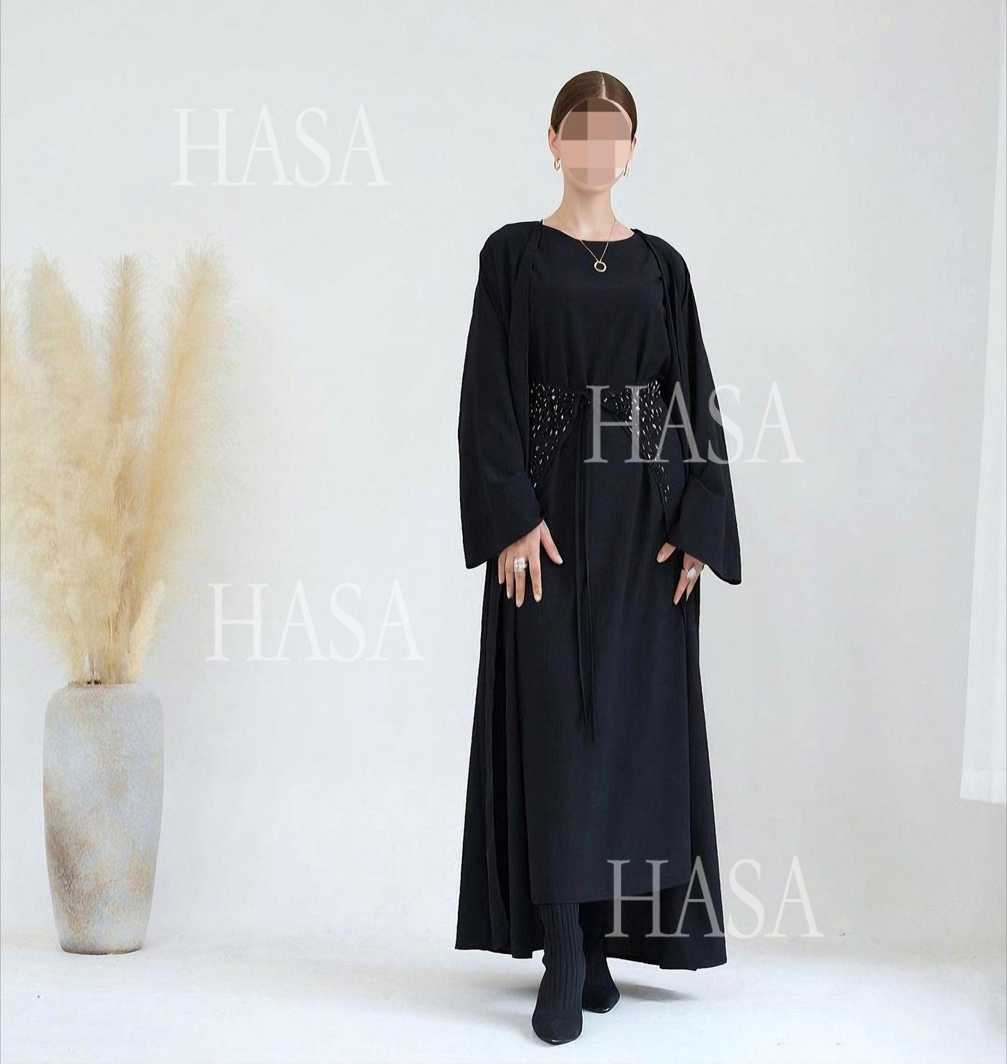 HS6578 Women's Solid Color Three-piece Robe Set (long Skirt + Skirt + Cardigan Jacket)