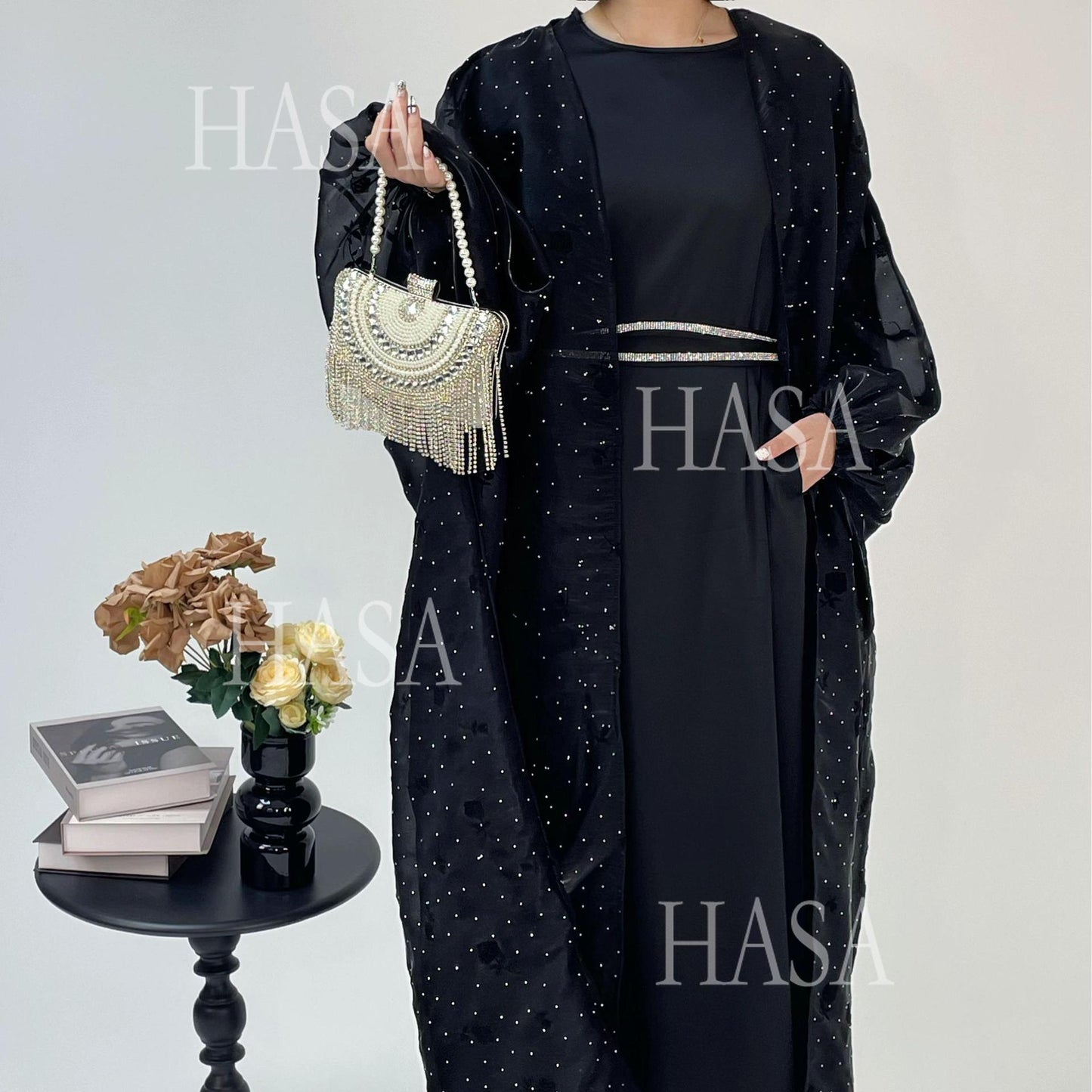 HS6536 Elegant Rose Pattern Abaya Outer Dress Set