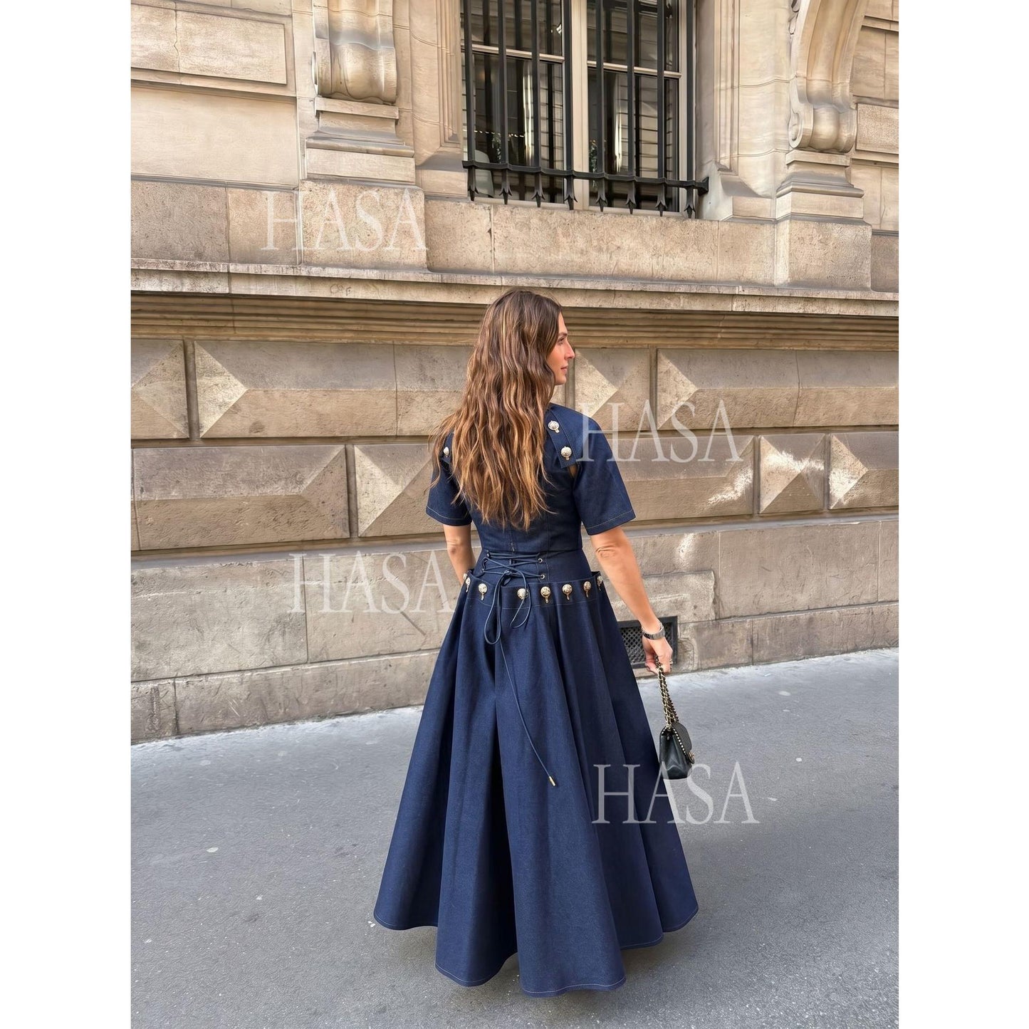 HASA HS6786 Luxury Look Dark Wash Denim Crop Top and Long Skirt Outfit