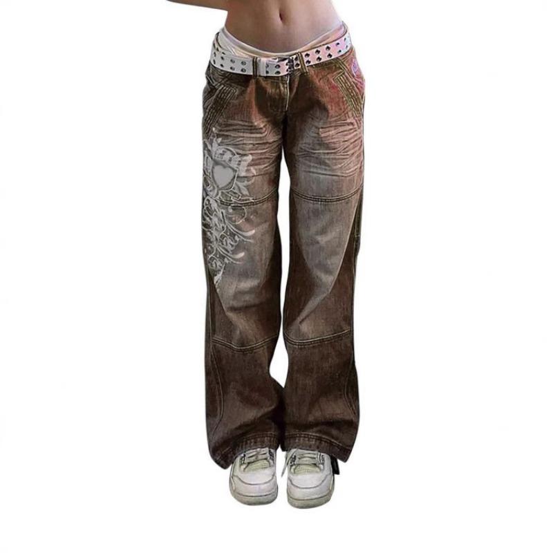 HS6382 Street Style Women's Clothing Irregular Printing Loose Trousers Low Waist Folds Washed for Old Multi-colored Jeans