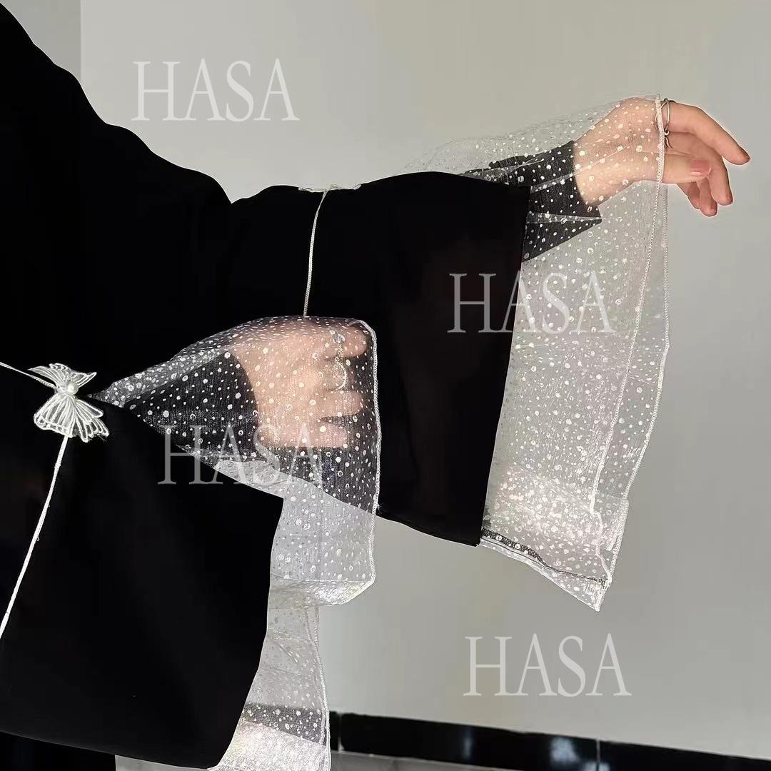 HASA's series HS6563 Elegant Lace Paneled Bow Cuff Robe Dress