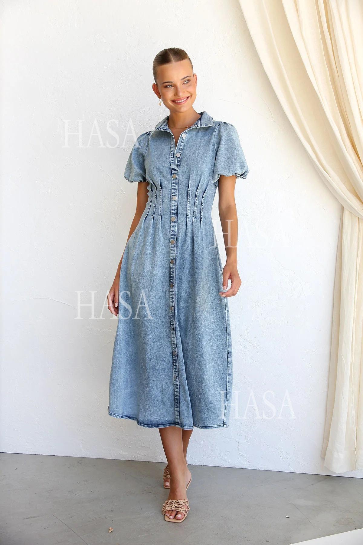 HASA HS6797 Elegant Puff Sleeve Denim Maxi Dress
