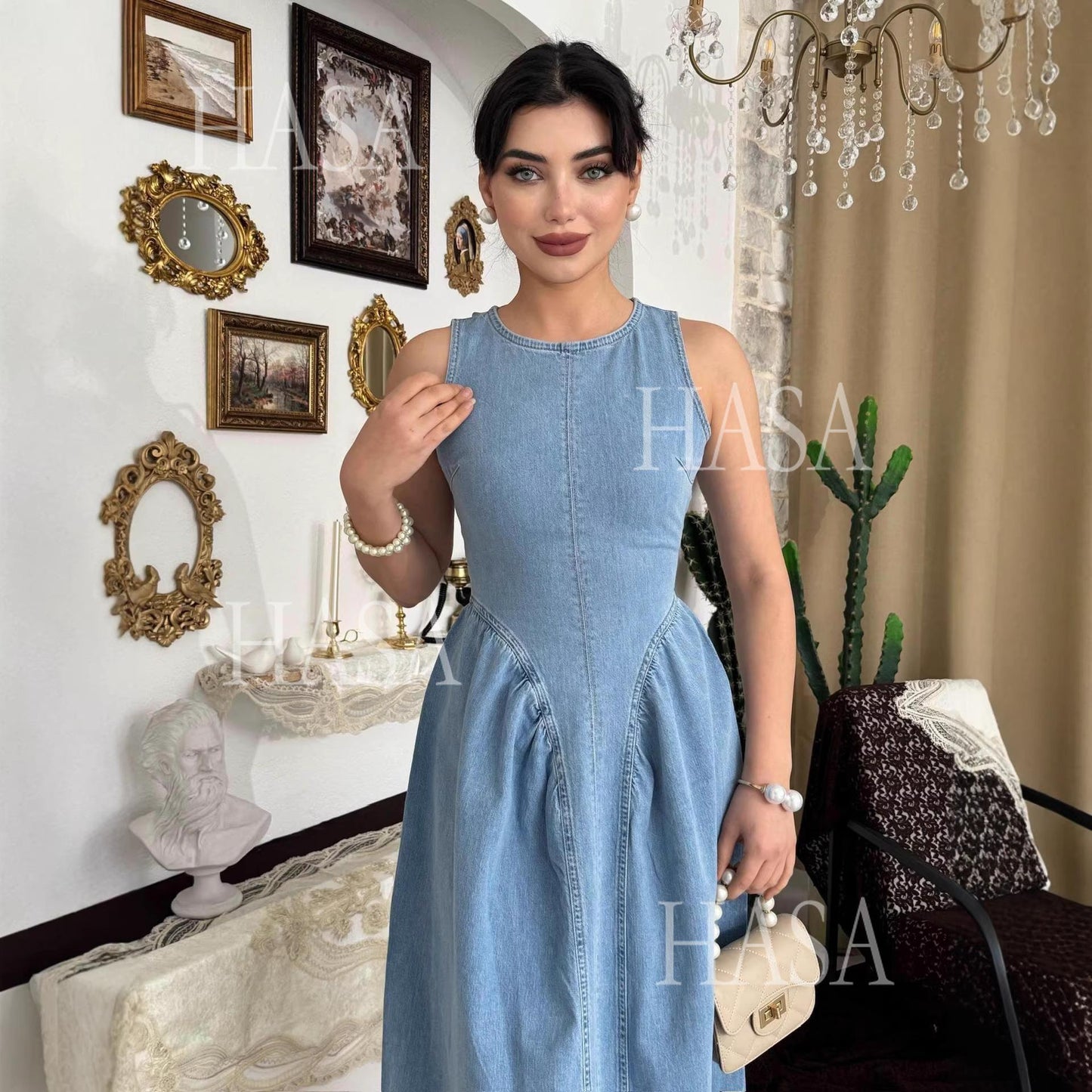 HASA HS6787 Vintage Inspired Light Blue Denim Dress with Full Skirt