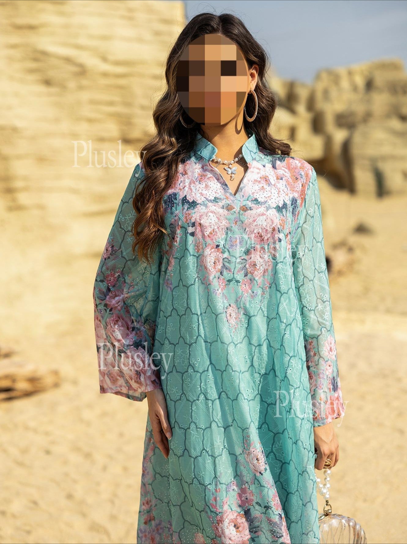 HS6636 Floral Print Embroidered Long Dress