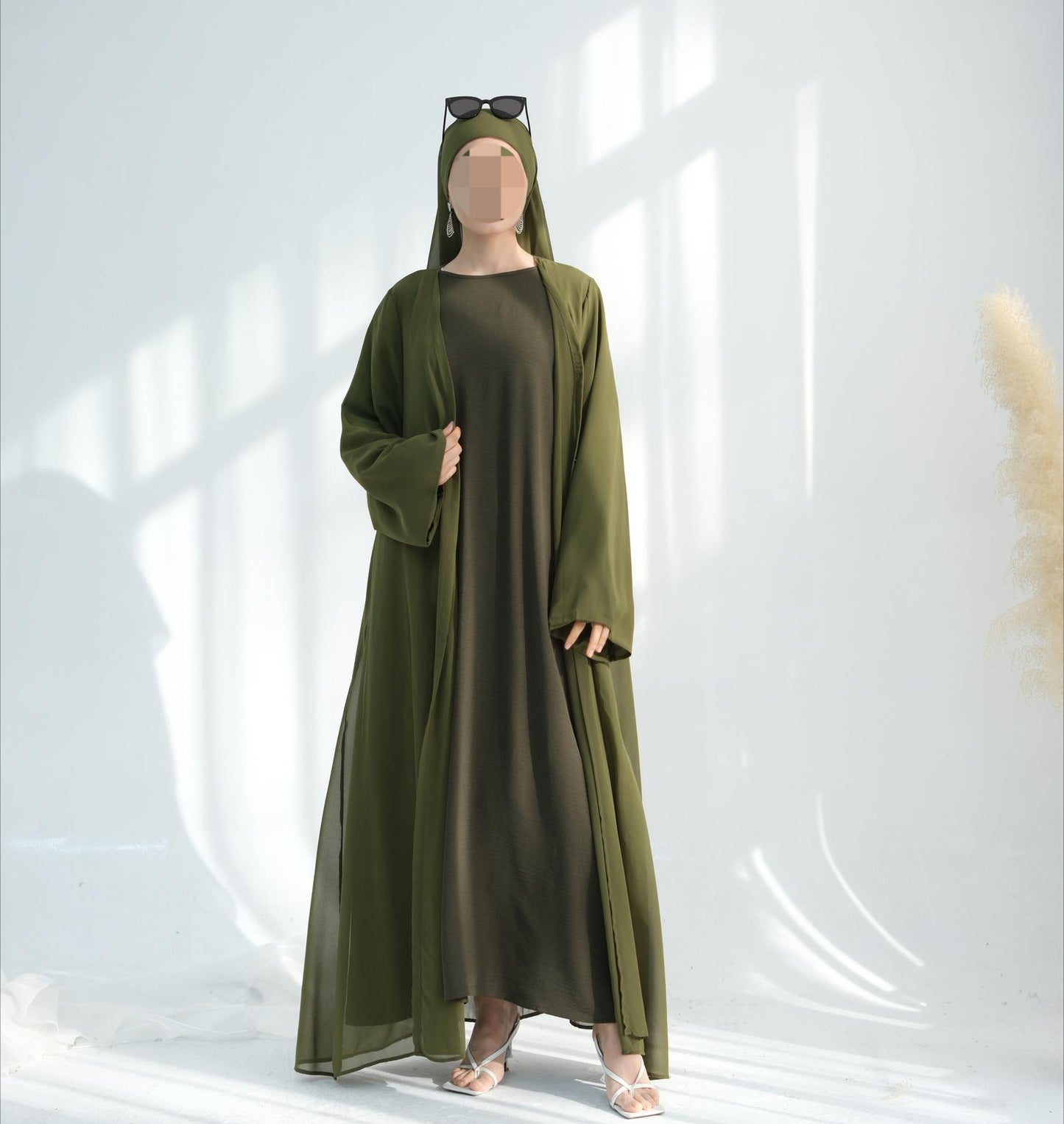 HS6513 Double-layered sleeve chiffon cardigan two-piece robe abaya (headscarf not included)