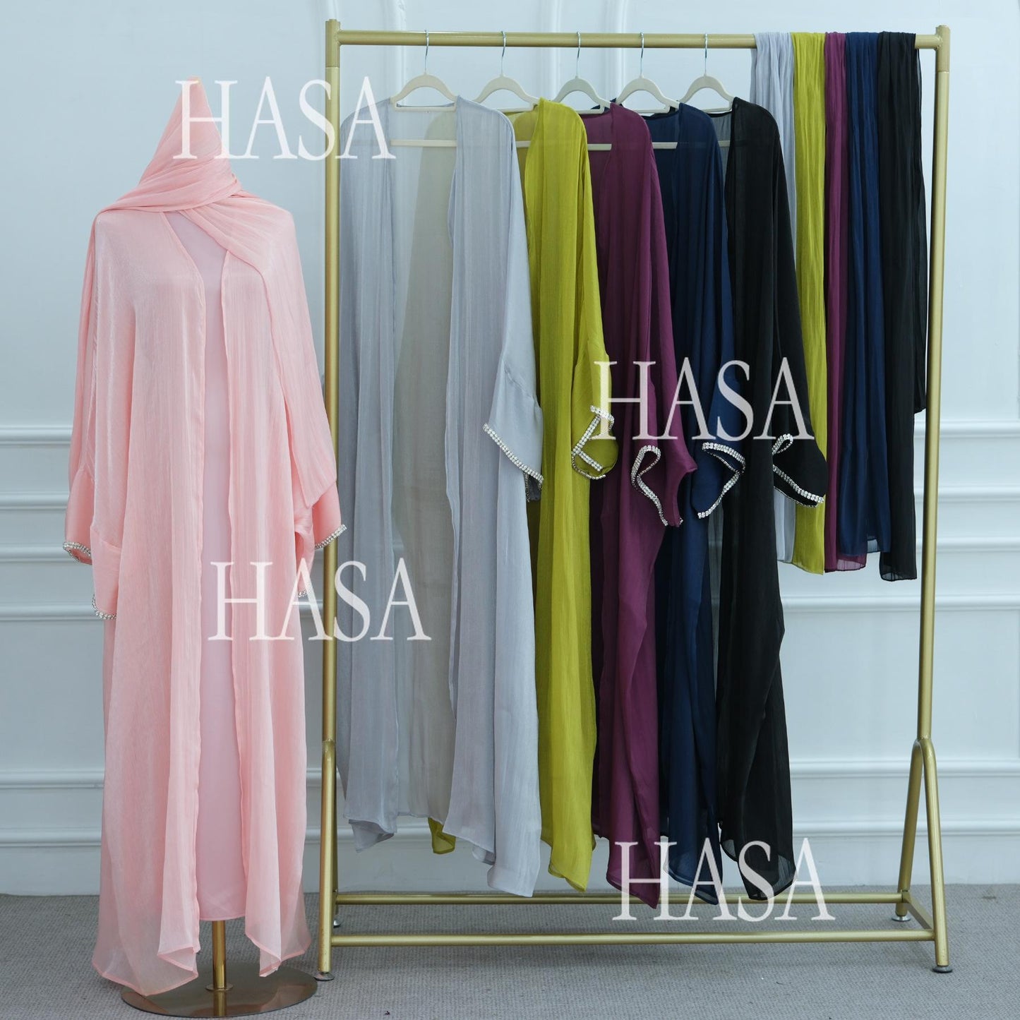 HS6553  Two-Piece Solid Abaya with Beaded Details and Matching Scarf Option