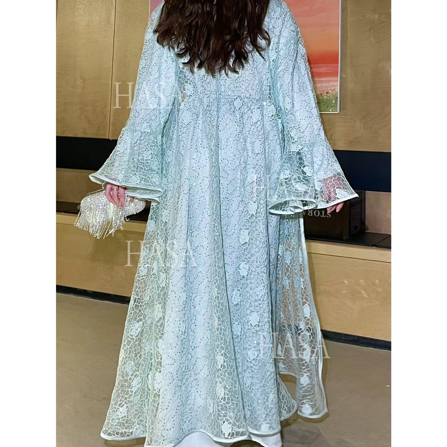 HS6488 Two-piece long dress with flared sleeves and lace sequined cape