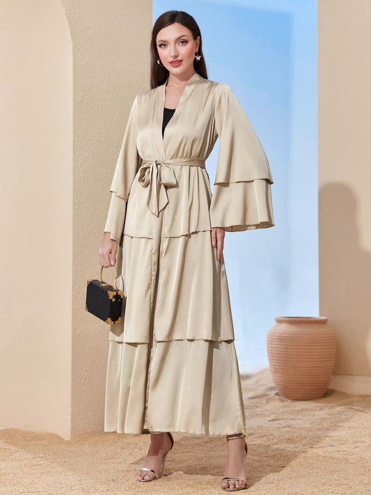 HASASERIES HS0480 Elegant Satin Silk Fabric Three Layer Open Abaya with Two Layer Sleeves