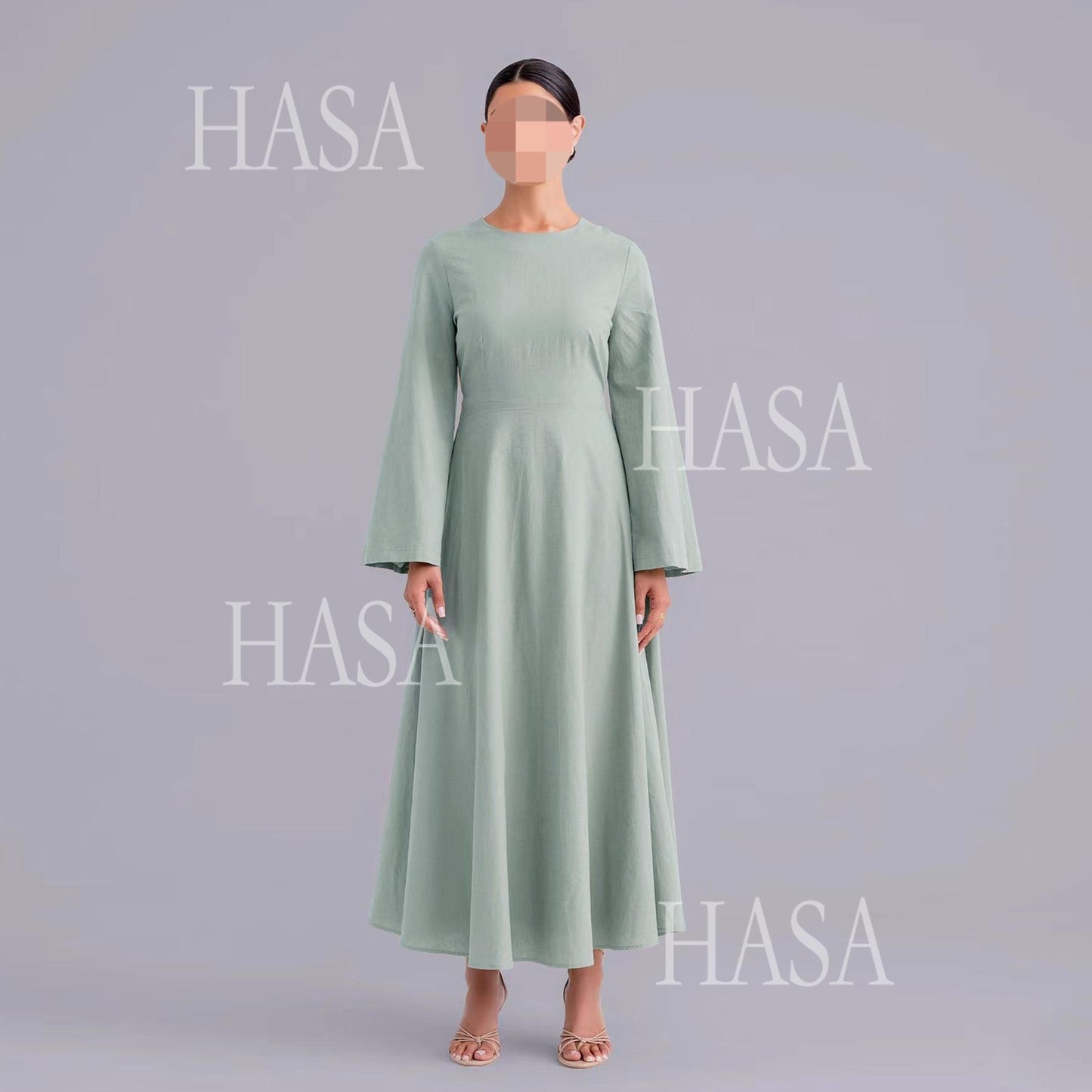 HS6494 Simple Solid Color Linen Bamboo Dress | Lace-Up Design