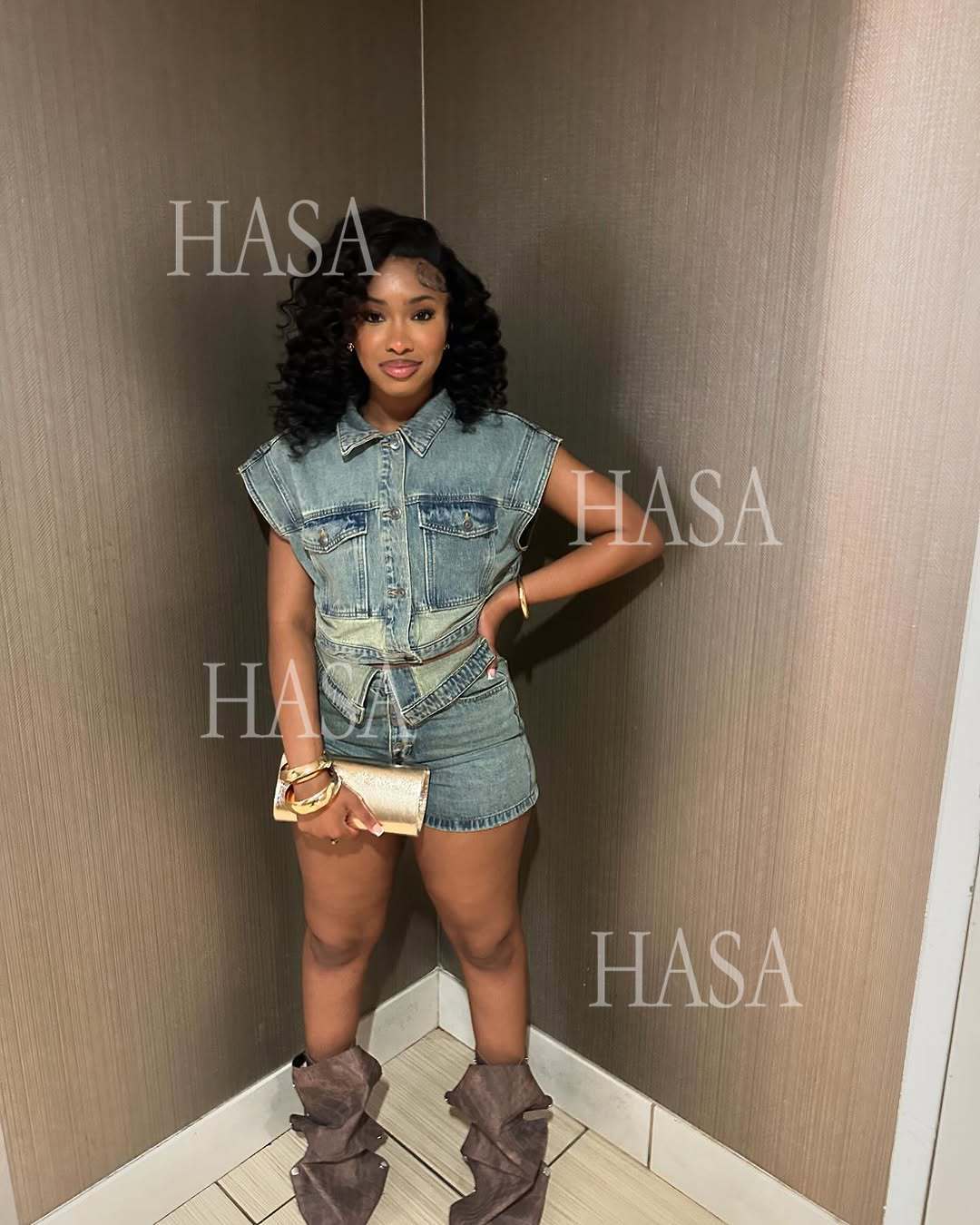 HASA HS6275 Cool Streetwear Denim Two Piece Shorts Set with Cropped Top