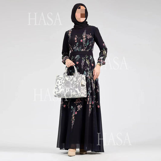HS6531 Chiffon Printed Ankle-Length Maxi Dress with Long Sleeves