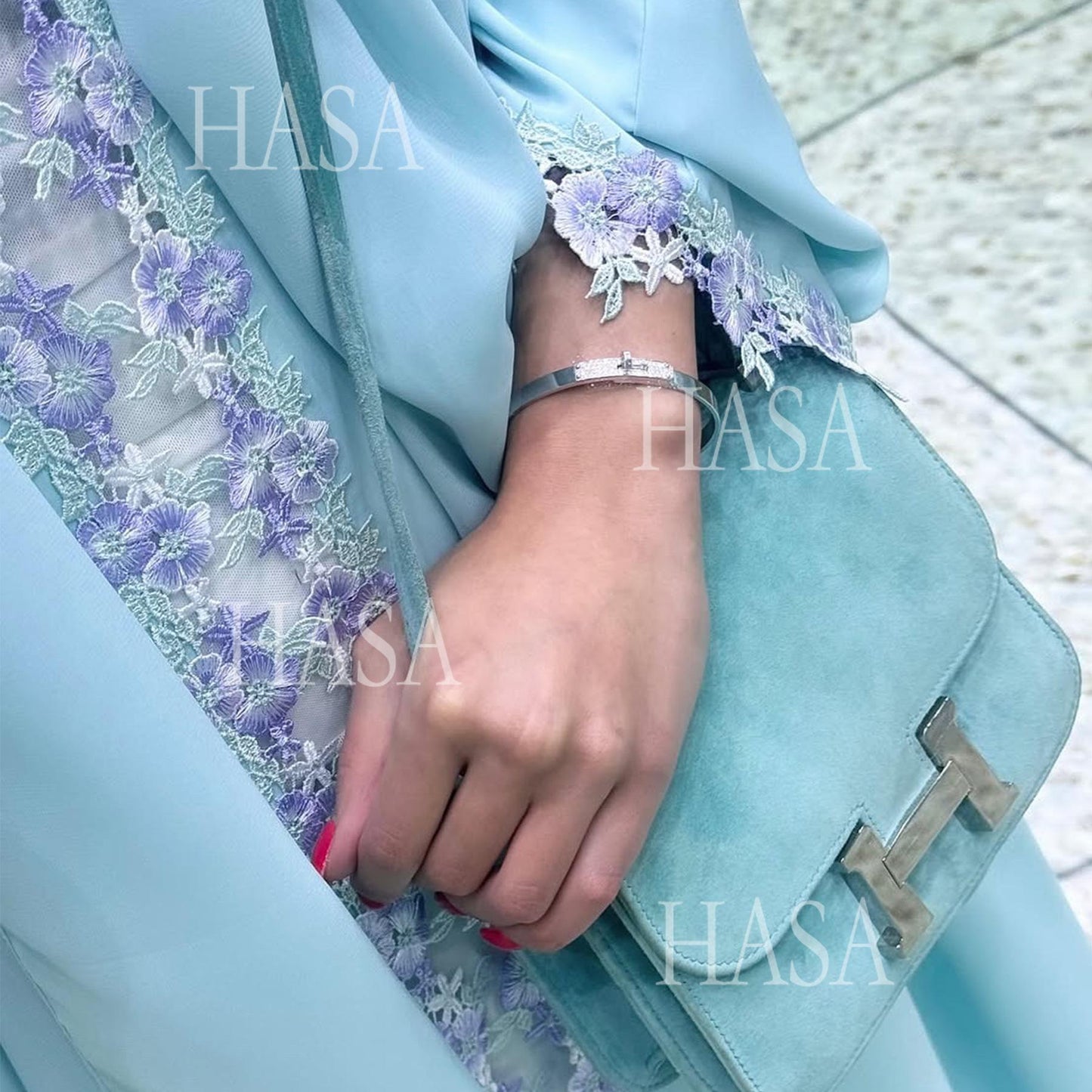 HS6562 Blue Bow Embroidered Abaya Tunic Cardigan