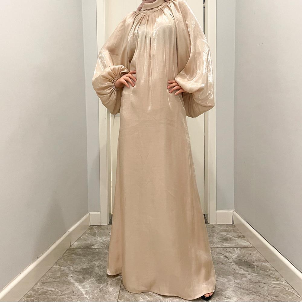 فستان حريري لامع طويل بأكمام واسعة من سلسلة HS10043 HASA، بياقة واقفة وربطة ظهر، فستان نسائي عباية