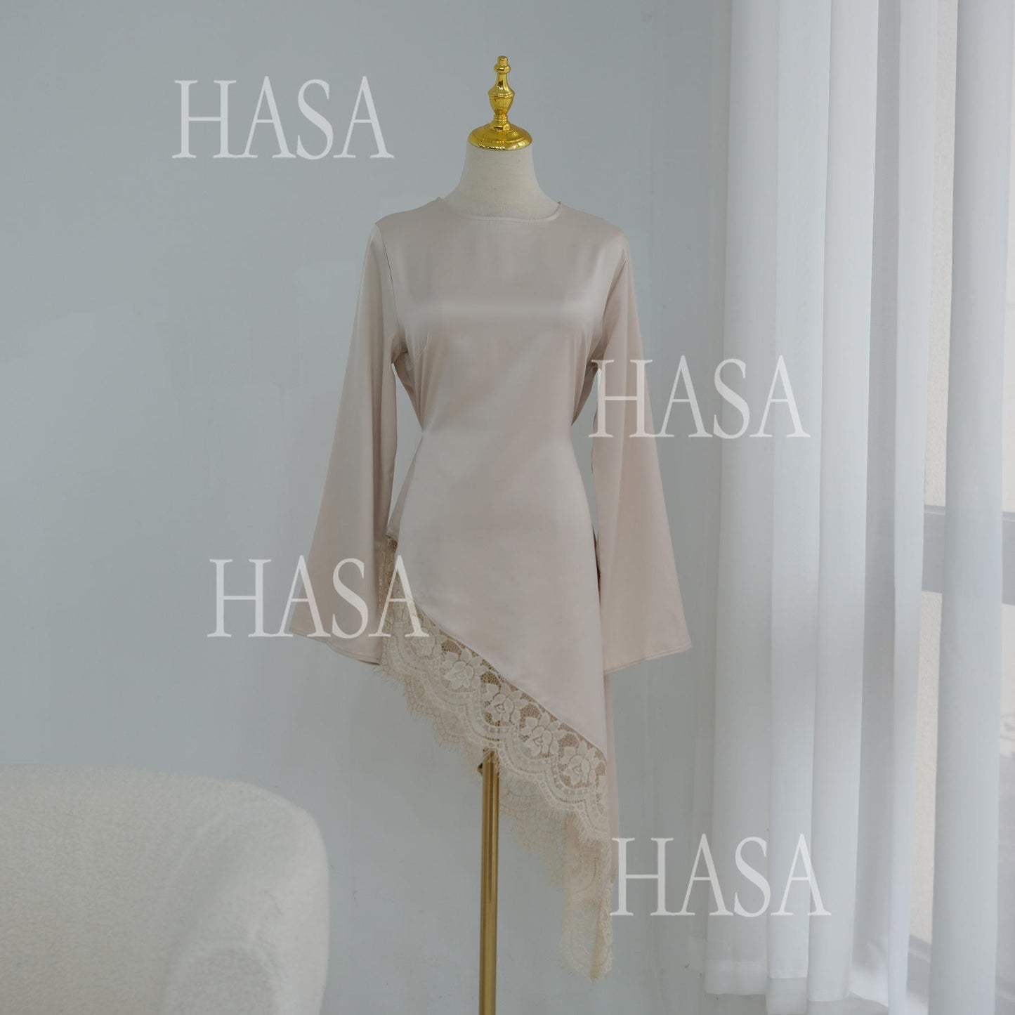 HASA HS6784 Soft Luxury Asymmetric Modest Top with Lace Detail