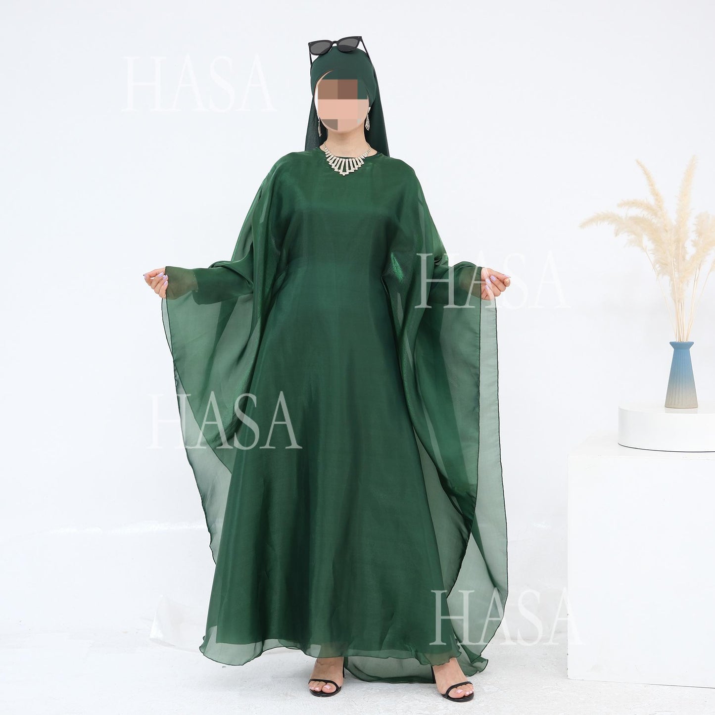 HS6524 Elegant two-piece solid-color robe and dress with optional headscarf