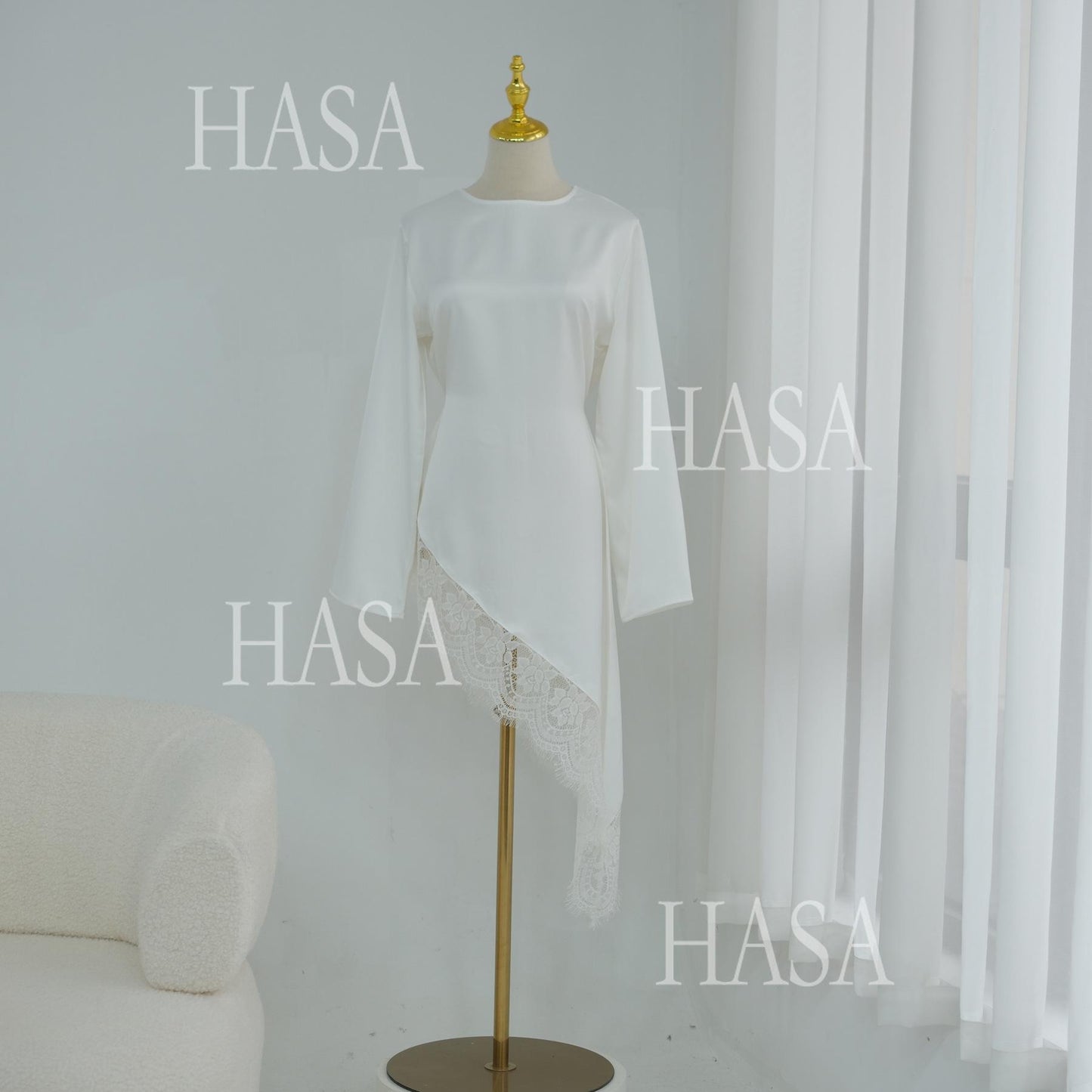HASA HS6784 Soft Luxury Asymmetric Modest Top with Lace Detail