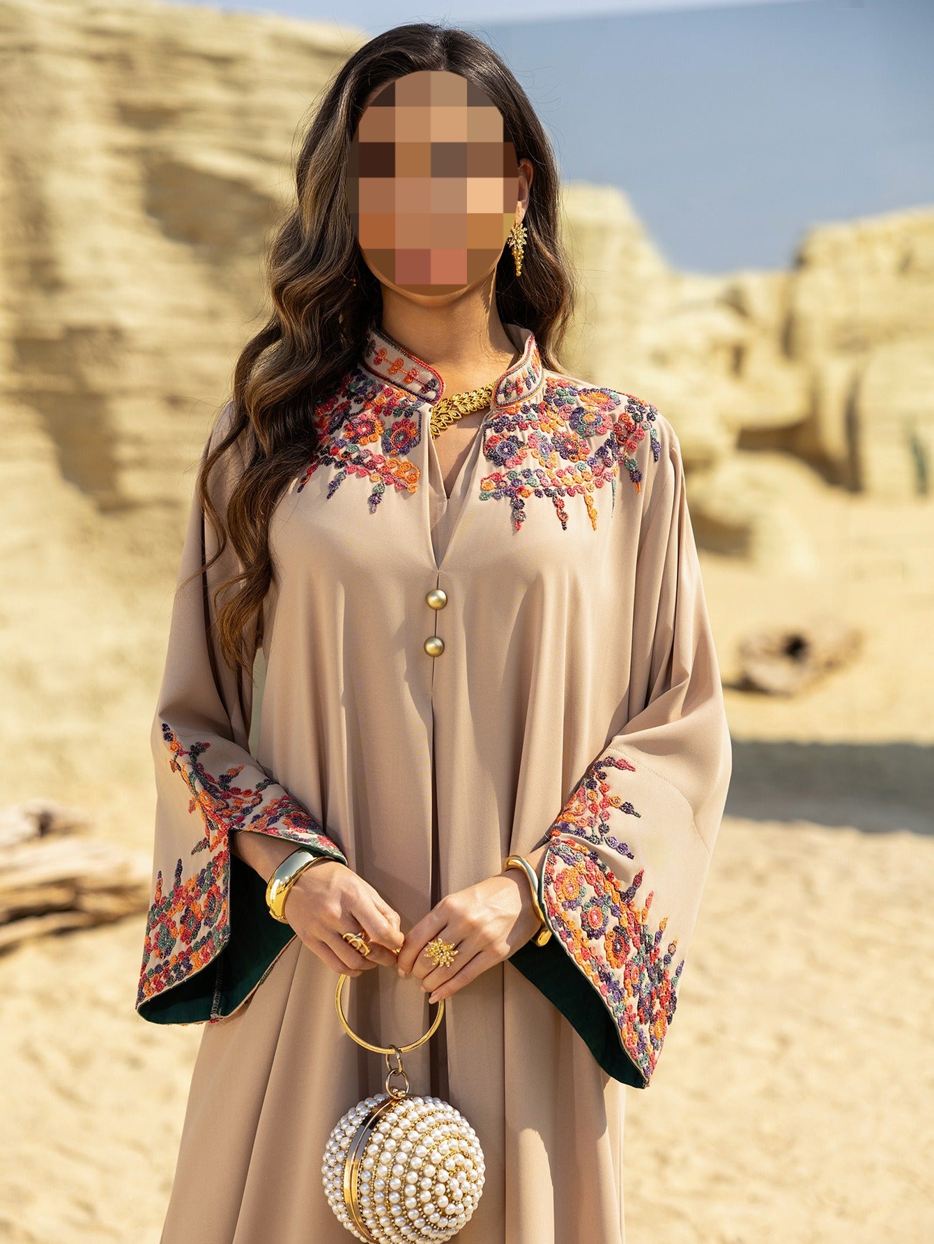 HS6655 Embroidered loose-fitting long dress | Soft drape and delicate cuff design