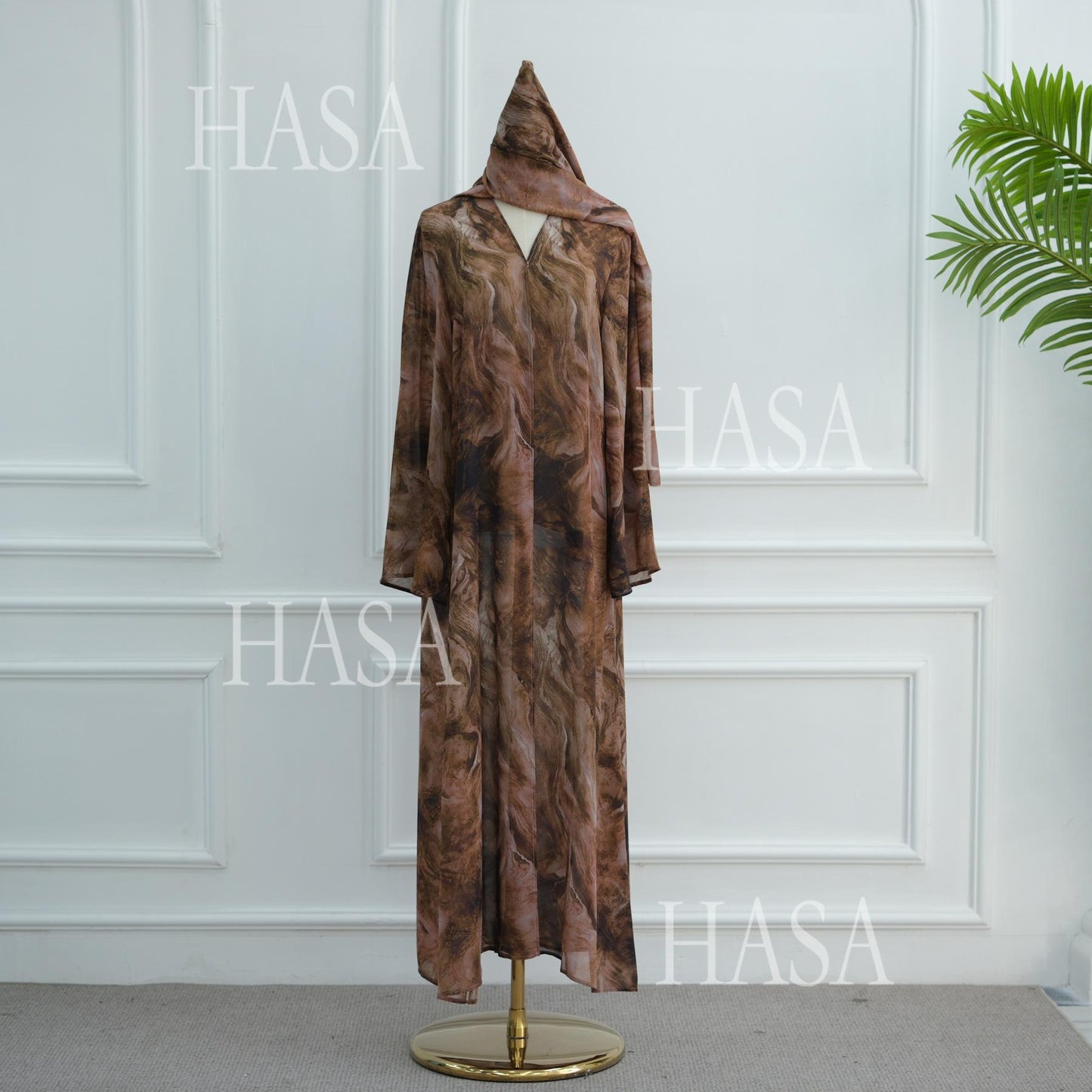 HS6551 Printed Abaya Cardigan with Matching Scarf Two-Piece Set