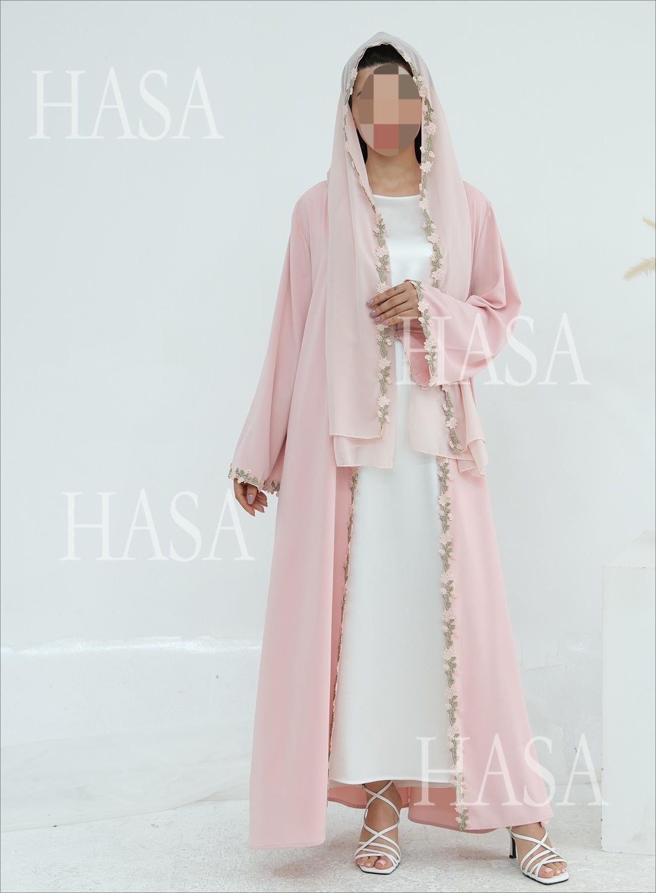 HS6618 Pink Flower Stitching Cardigan Two-Piece Set (Including Headscarf)