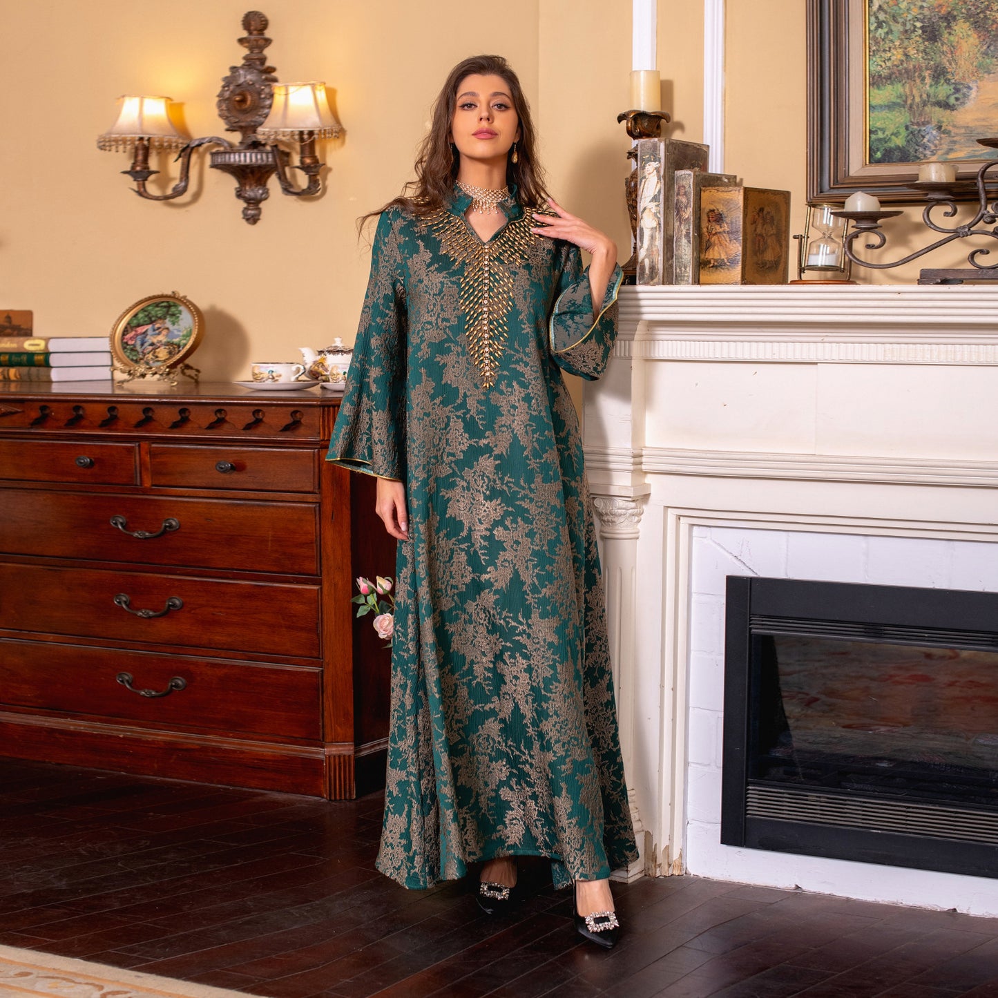 HS6660 Jacquard fabric embroidered beaded robe dress with rich design features