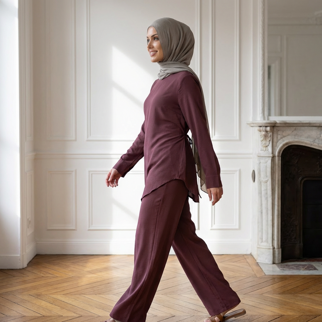HS6614 Modest Nida Two-Piece Set with Waist Tie & Pocket Trousers