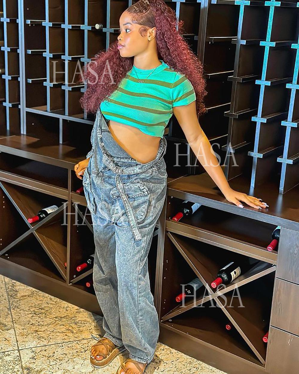HASA HS4518 Bold Streetwear Split Leg Denim Jumpsuit Pants