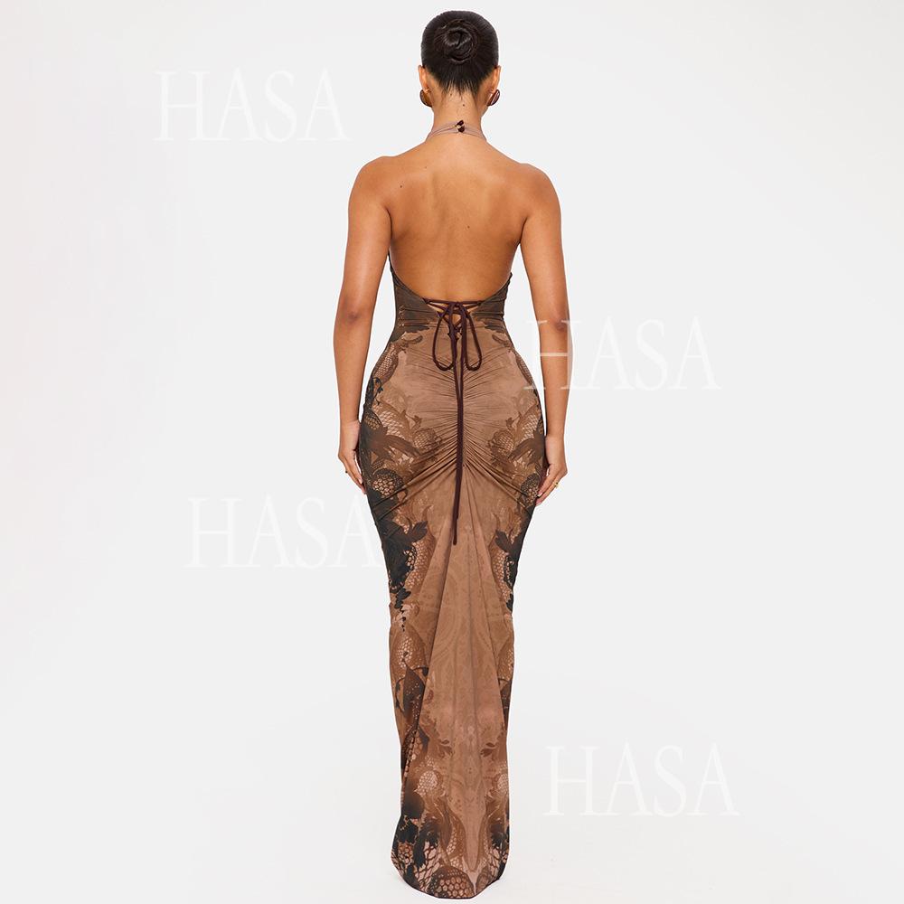 HASA HS6768 Elegant Open Back Slim Fit Maxi Dress