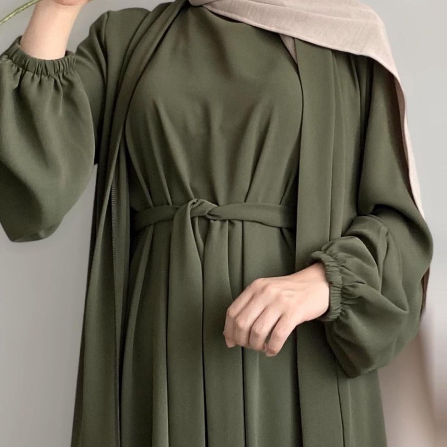 HASASERIES HS0995 3pcs Cardigan+without  Sleeves Inner Dress+Hijab