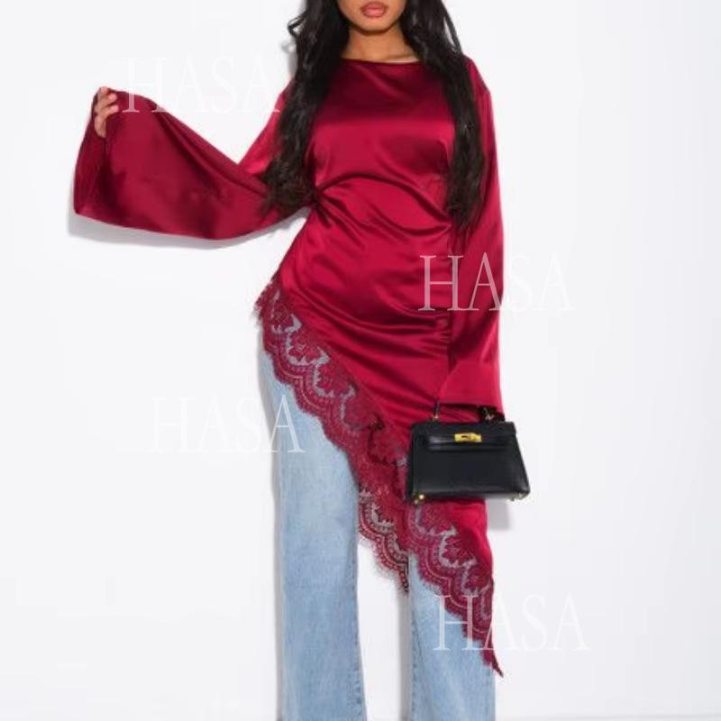 HASA HS6784 Soft Luxury Asymmetric Modest Top with Lace Detail