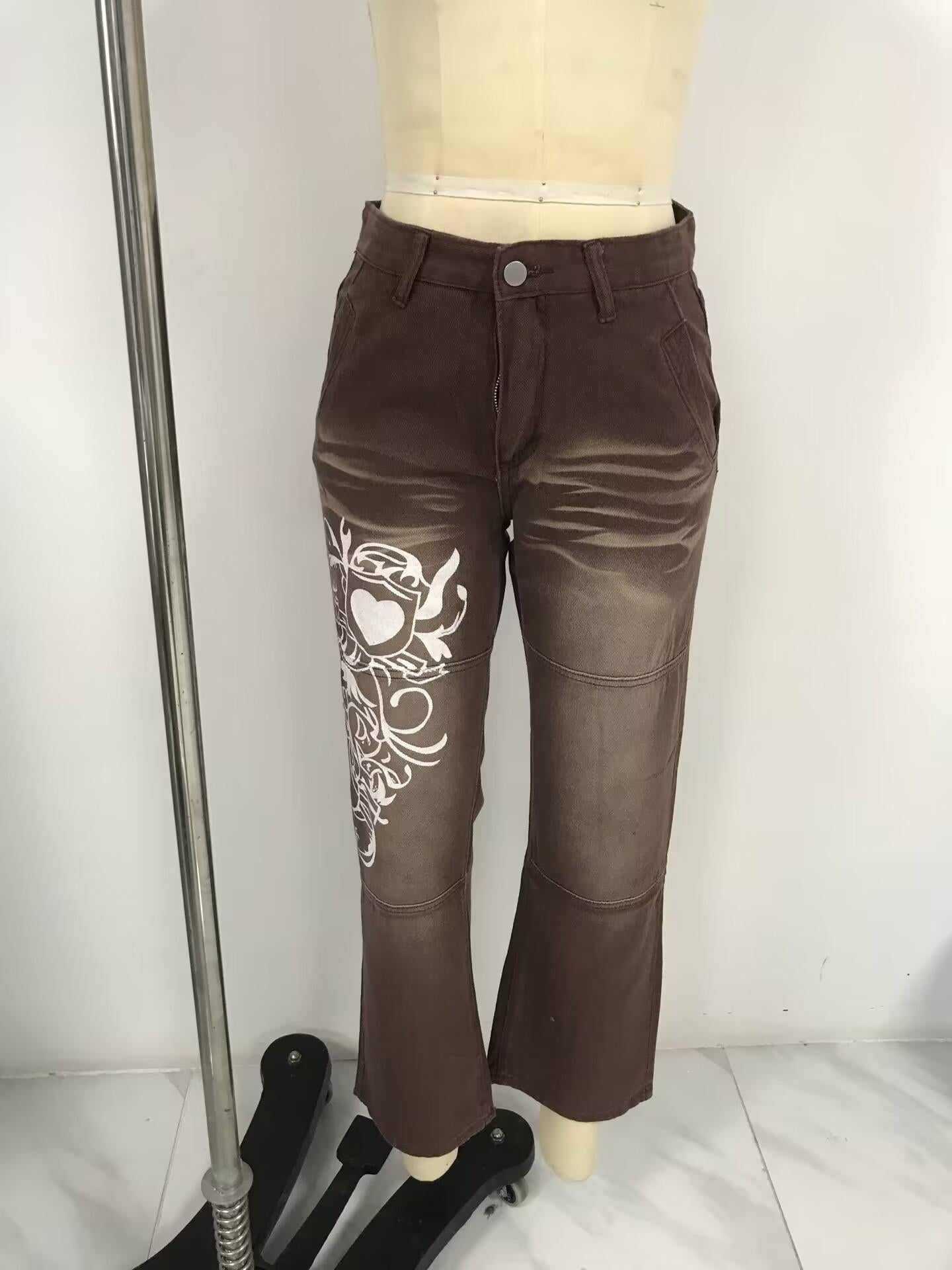 HS6382 Street Style Women's Clothing Irregular Printing Loose Trousers Low Waist Folds Washed for Old Multi-colored Jeans