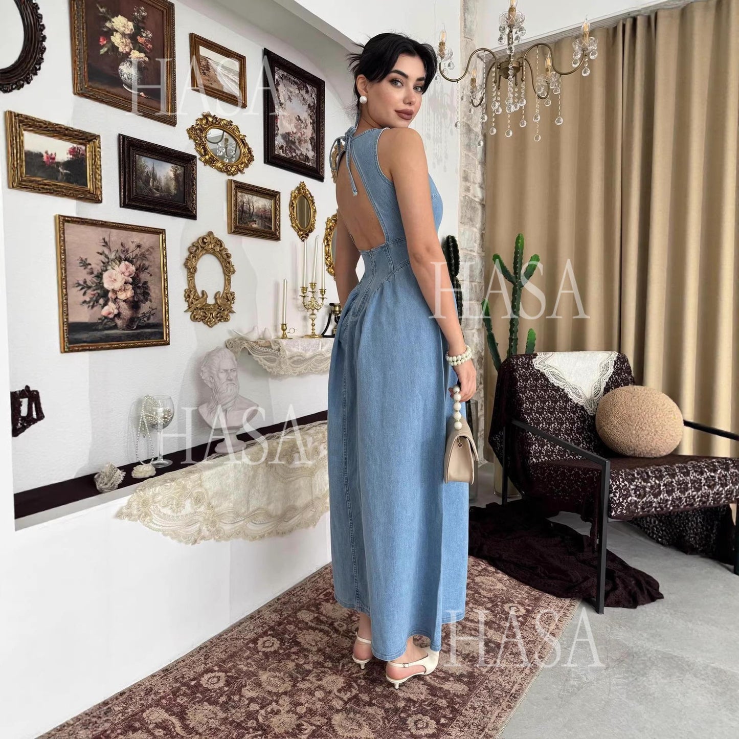 HASA HS6787 Vintage Inspired Light Blue Denim Dress with Full Skirt
