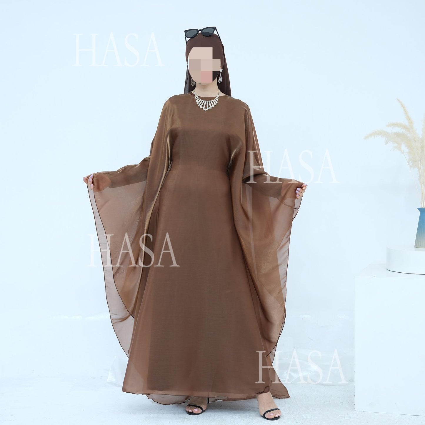 HS6524 Elegant two-piece solid-color robe and dress with optional headscarf