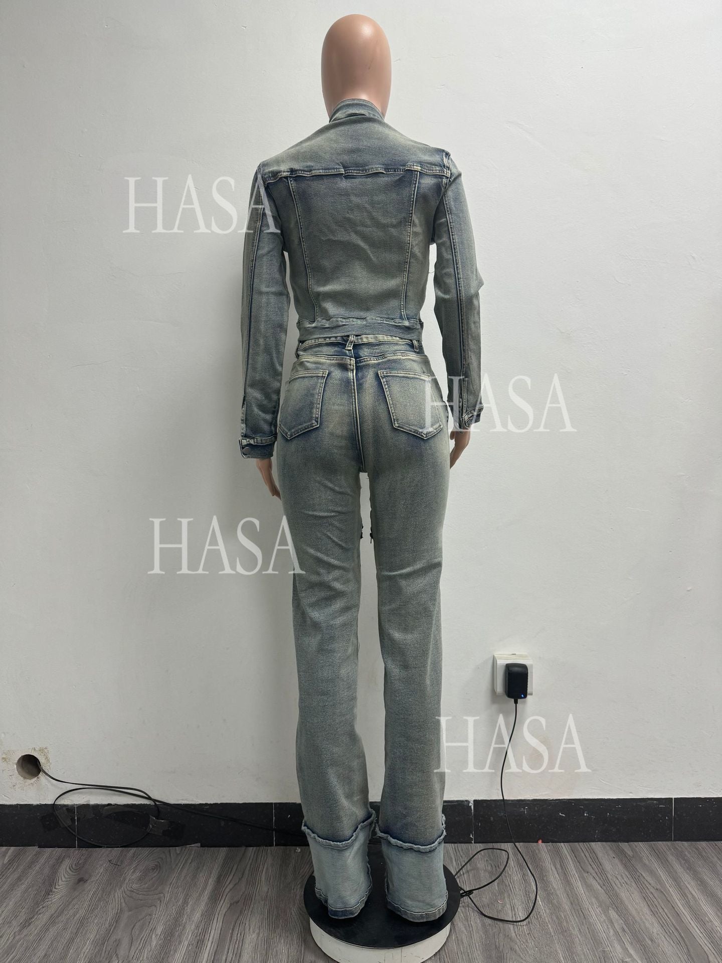 HASA HS6291 Statement Washed Denim Two Piece Outfit with Zip Jacket Detail