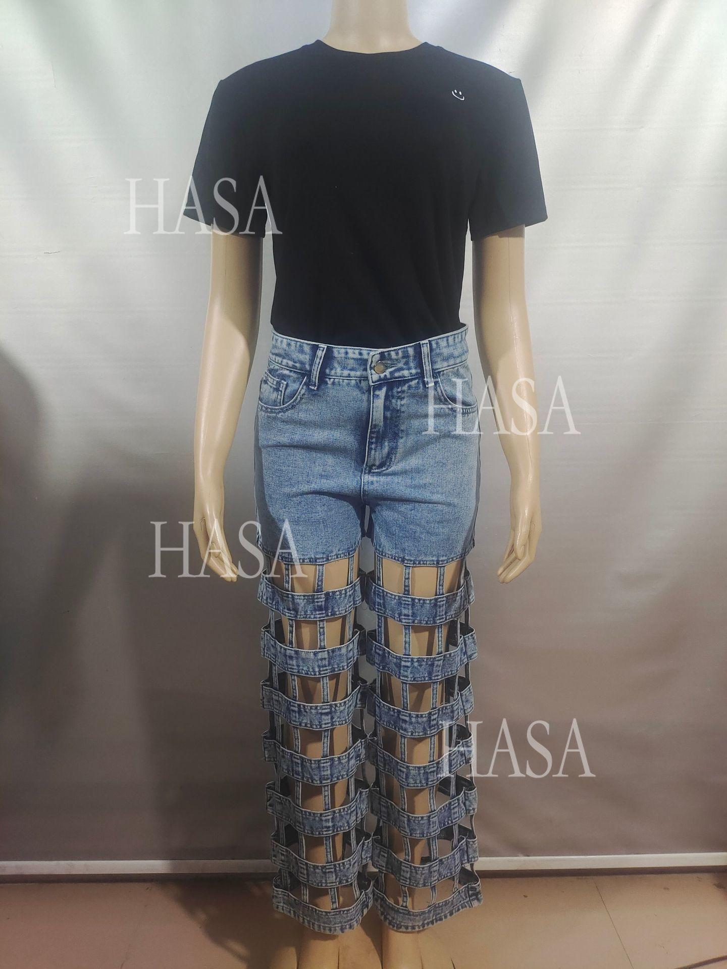 HASA HS6778 Statement High Waist Denim Pants with Cutout Leg Detail