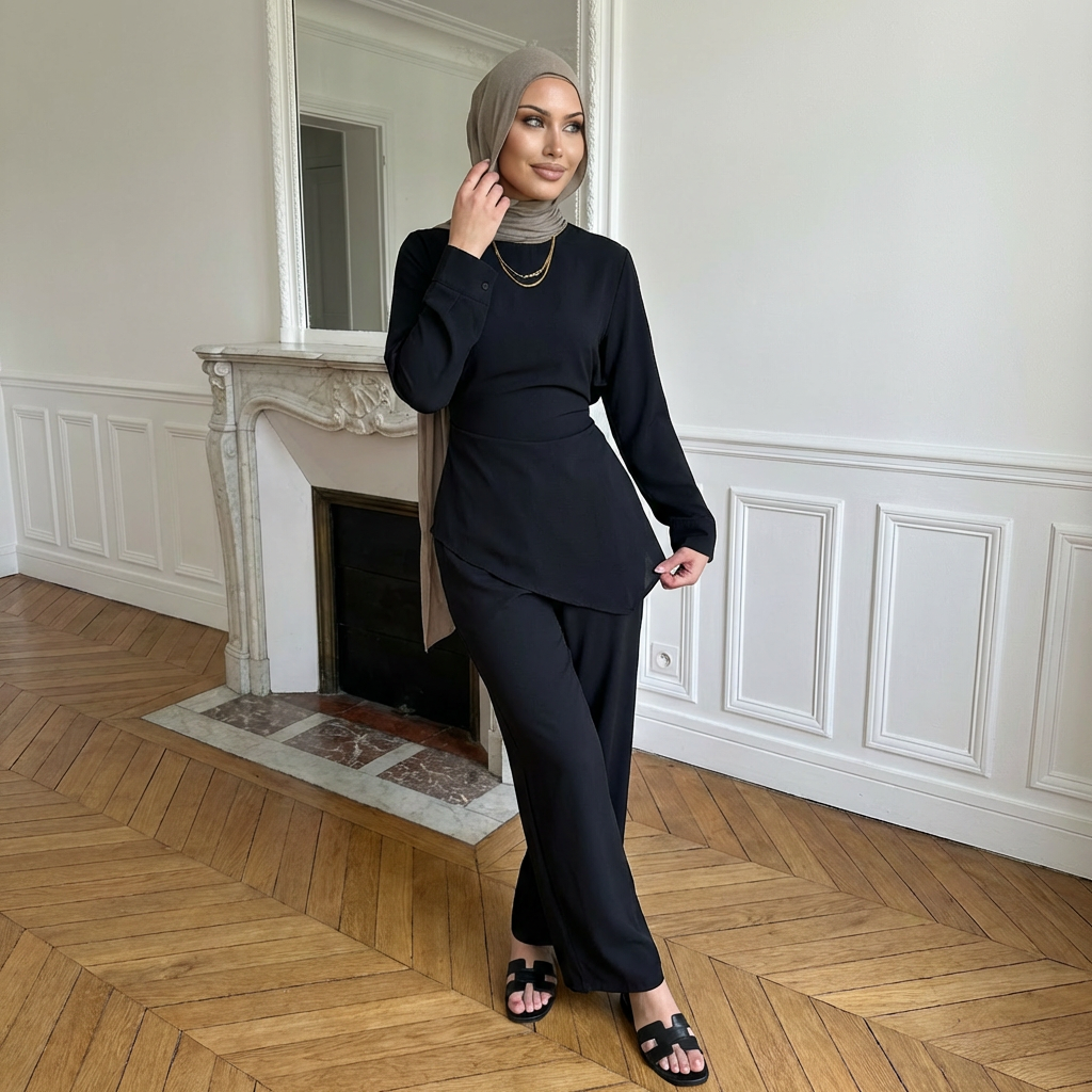 HS6614 Modest Nida Two-Piece Set with Waist Tie & Pocket Trousers