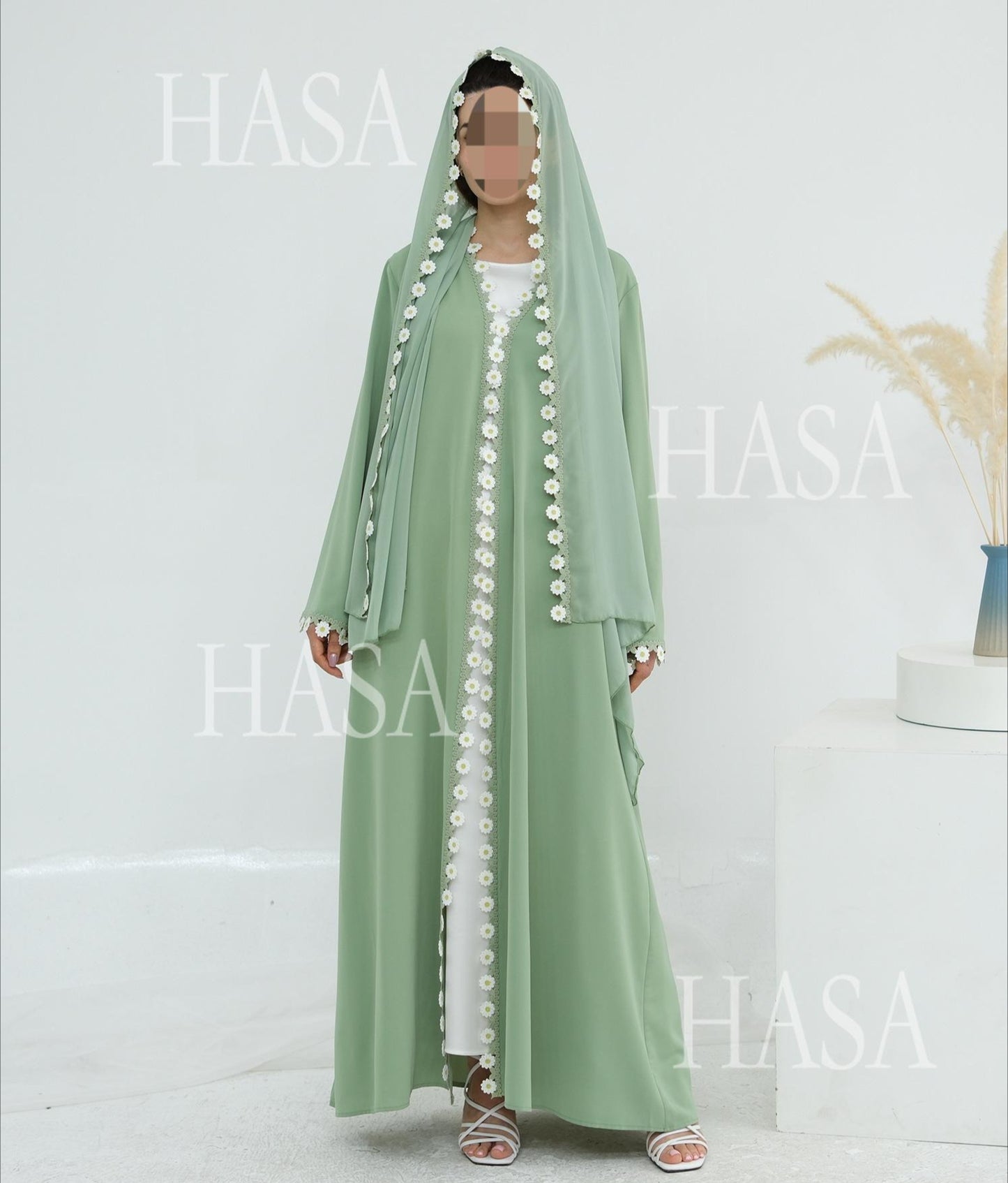 HS6616 Green Flower Stitching Cardigan Two-Piece Set (Including Headscarf)