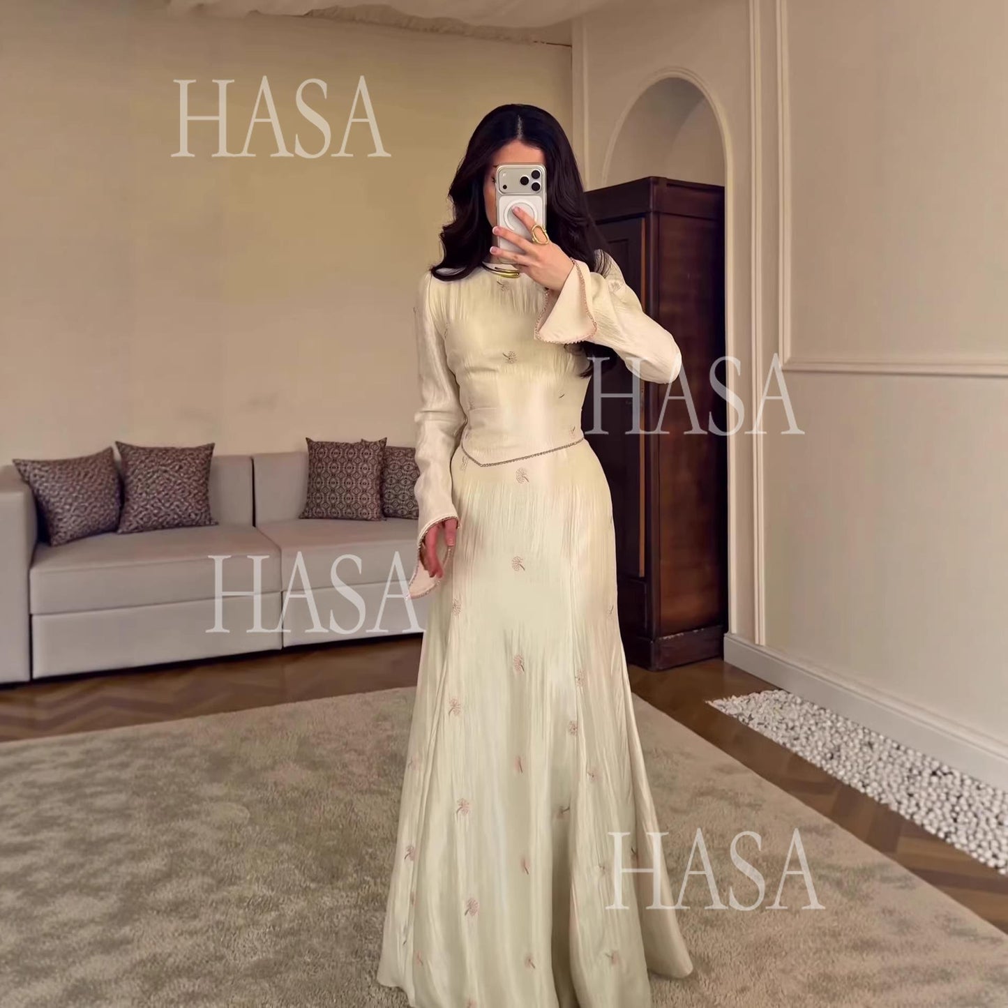 HS6745 Chic Cream Embroidered Long Dress Flare Sleeve Mermaid Maxi Gown