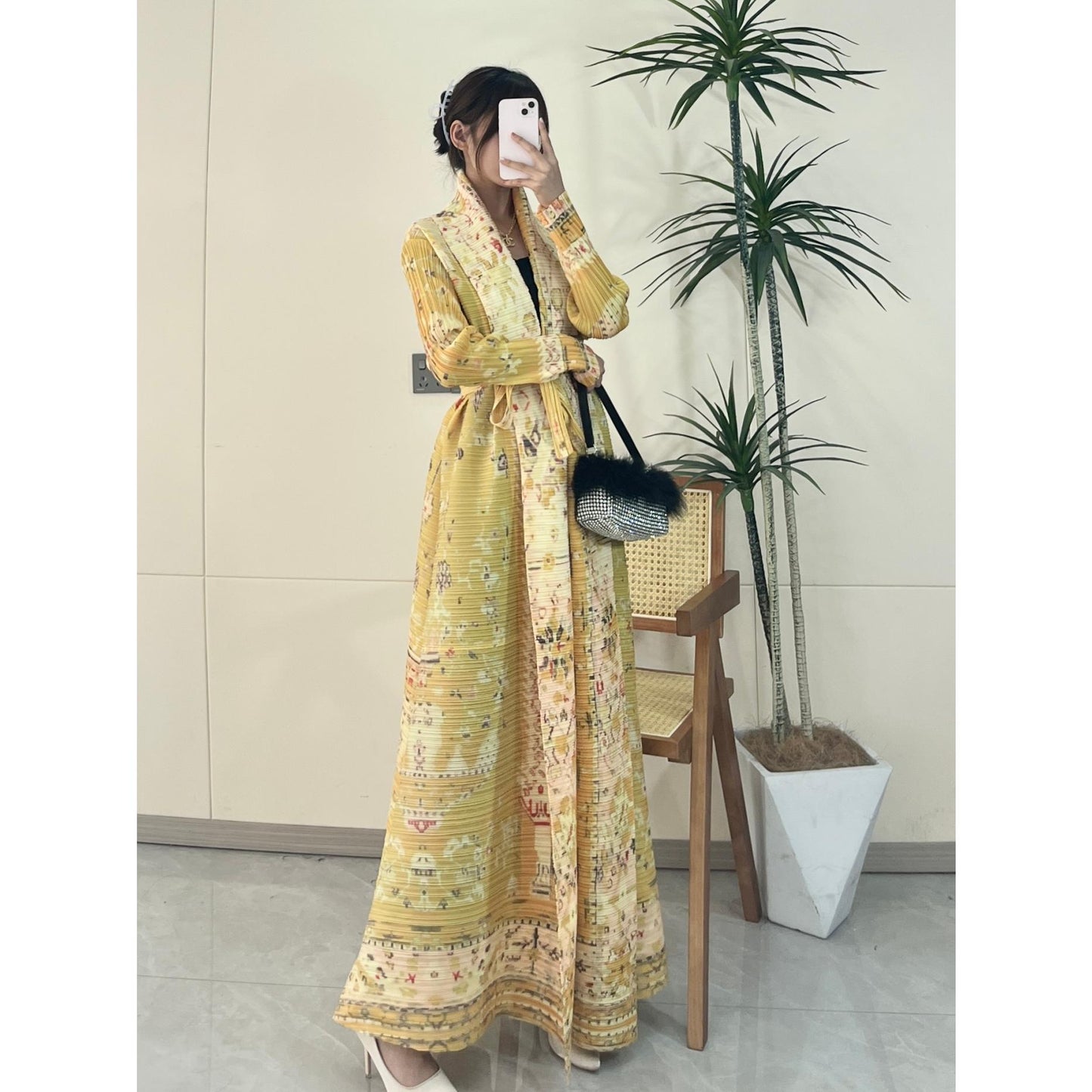 HS5843 Retro Warm Yellow Floral Textured Open-front Long Coat