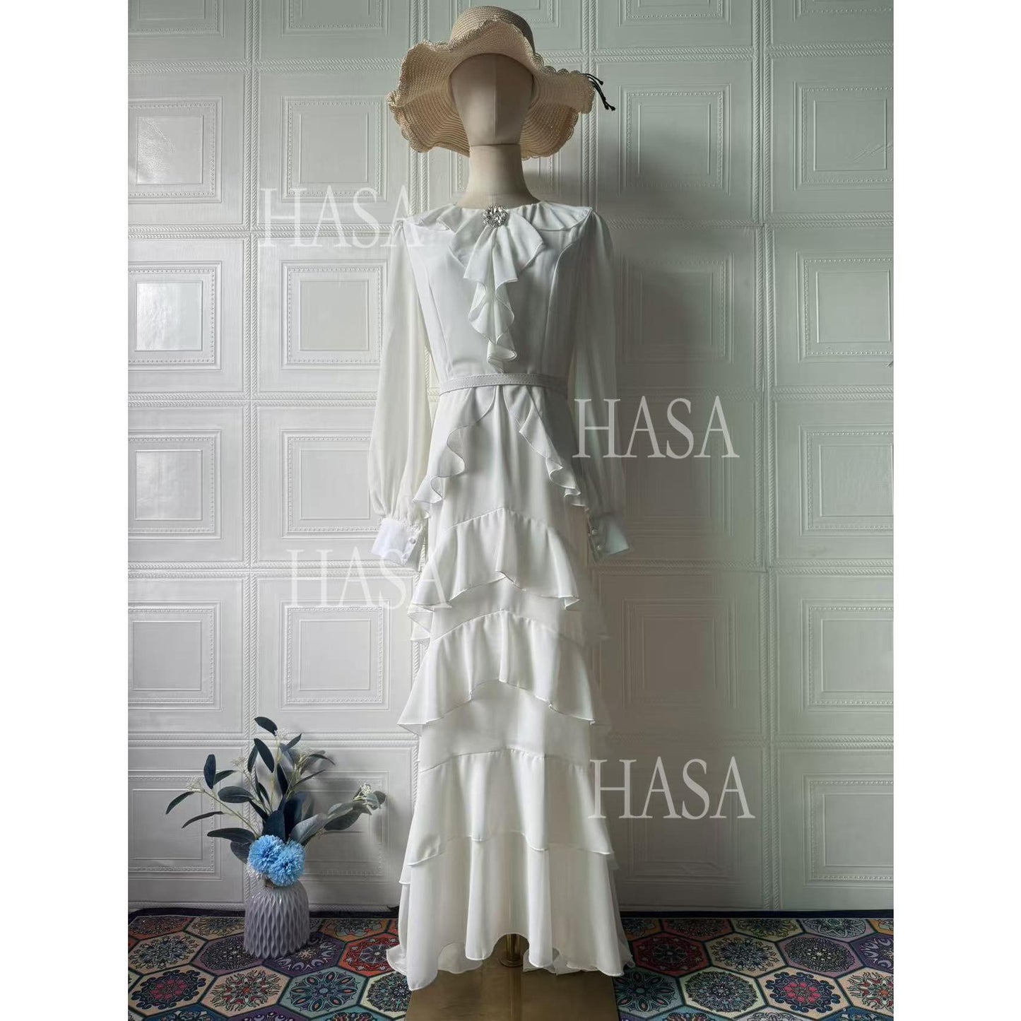 HS6733 Flowy Elegant Maxi Dress with Cascading Ruffles