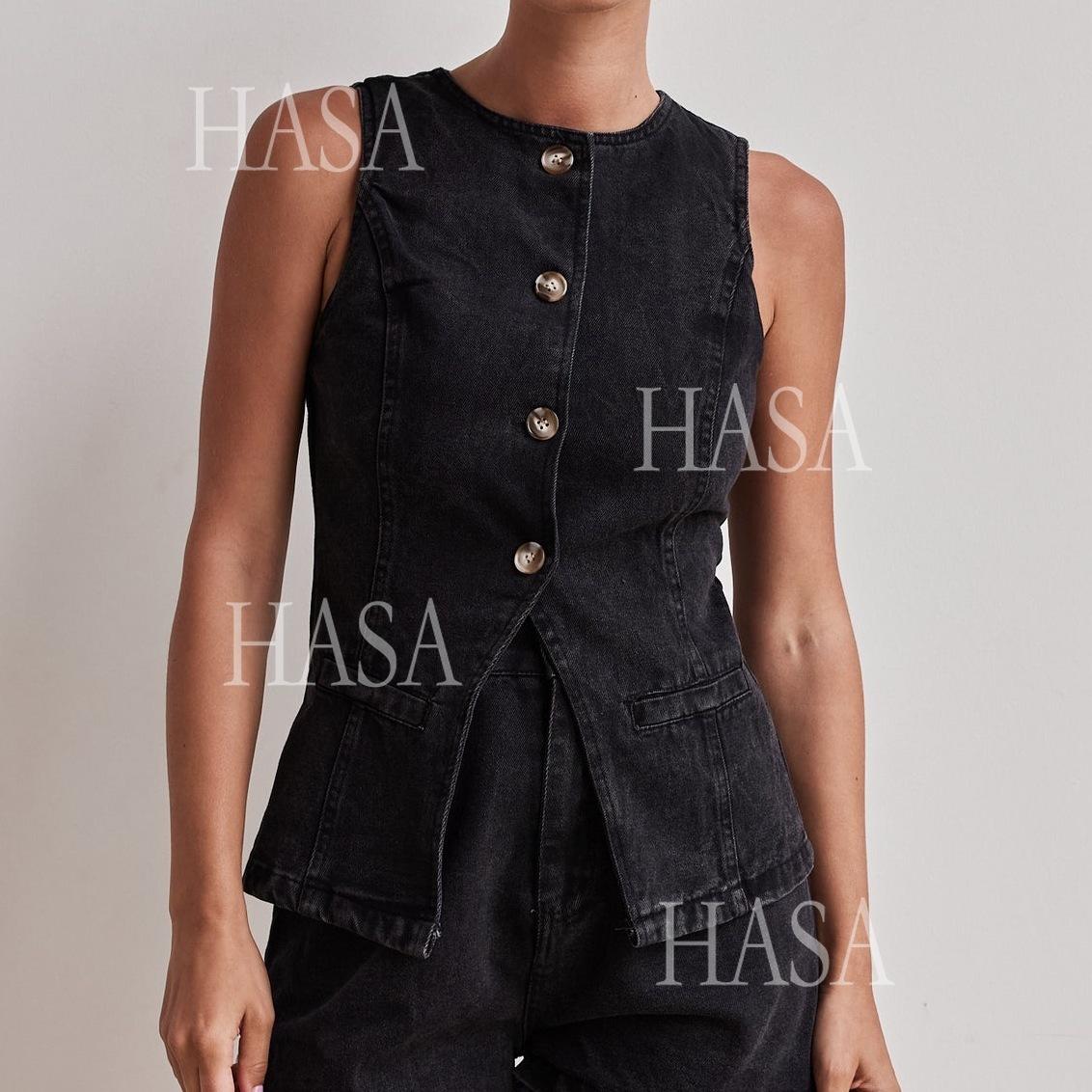 HASA HS6097 Women’s Button Front Denim Top with Matching Shorts