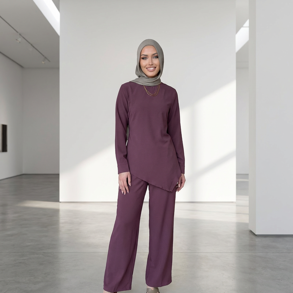 HS6614 Modest Nida Two-Piece Set with Waist Tie & Pocket Trousers