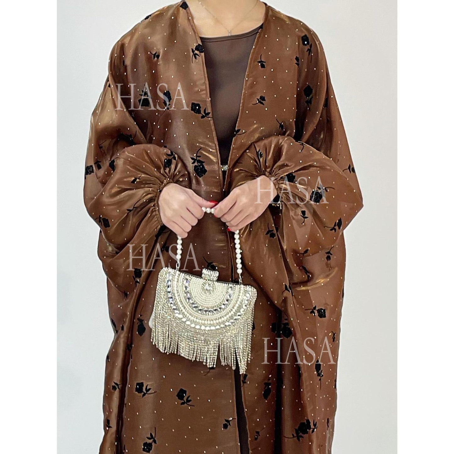 HS6536 Elegant Rose Pattern Abaya Outer Dress Set