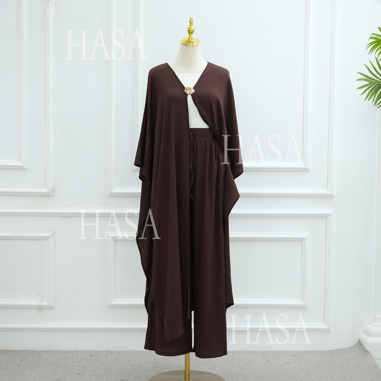 HS6486 Simple Cardigan with Wide-leg Pants, Solid Color Daily Two-piece Suit